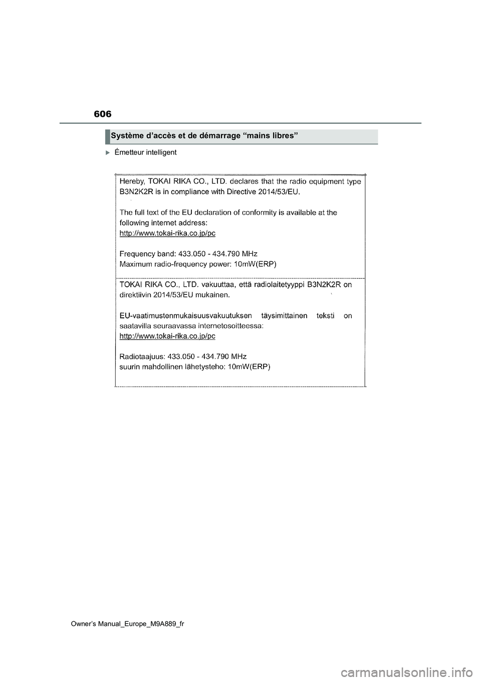 TOYOTA BZ4X 2023  Manuel du propriétaire (in French) 606
Owner’s Manual_Europe_M9A889_fr
Émetteur intelligent
Système d’accès et de démarrage “mains libres” 