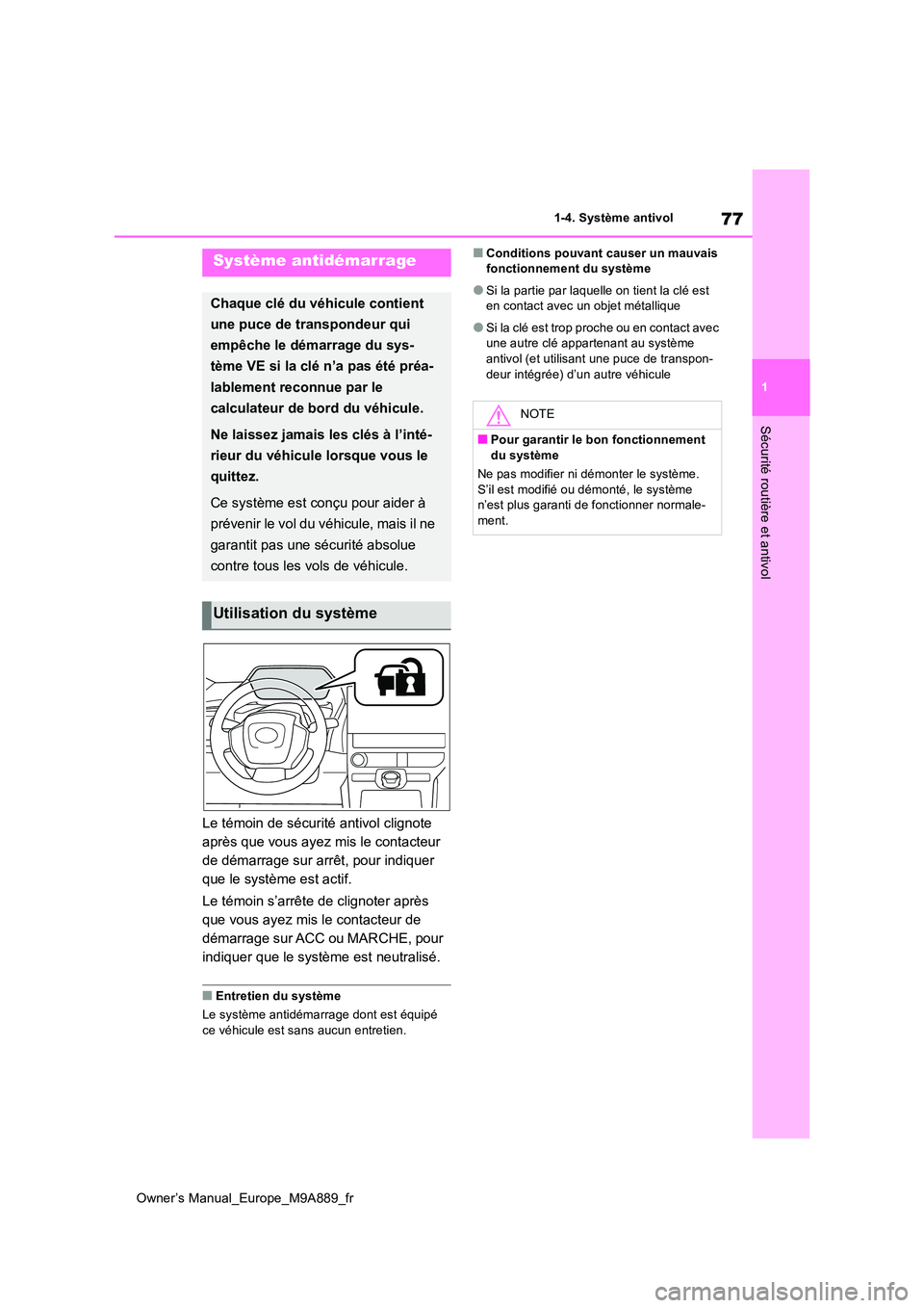 TOYOTA BZ4X 2023 Manuel du propriétaire (in French) 77
1
Owner’s Manual_Europe_M9A889_fr
1-4. Système antivol
Sécurité routière et antivol
1-4.Système antivol
Le témoin de sécurité antivol clignote
après que vous ayez mis le contacteur
de TOYOTA BZ4X 2023 Manuel du propriétaire (in French) 77
1
Owner’s Manual_Europe_M9A889_fr
1-4. Système antivol
Sécurité routière et antivol
1-4.Système antivol
Le témoin de sécurité antivol clignote
après que vous ayez mis le contacteur
de