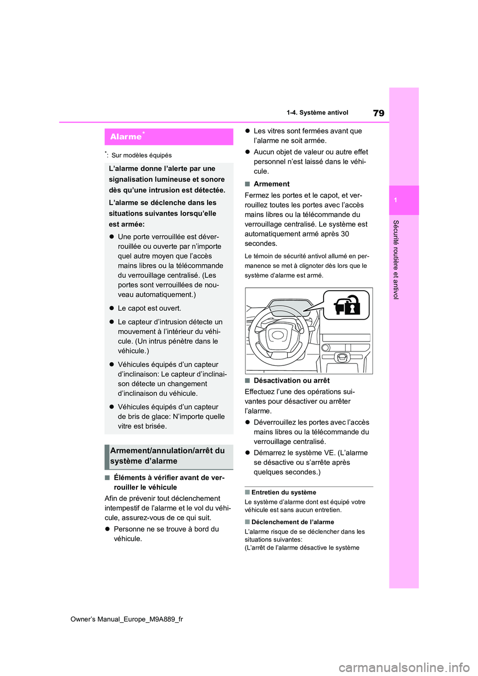 TOYOTA BZ4X 2023 Manuel du propriétaire (in French) 79
1
Owner’s Manual_Europe_M9A889_fr
1-4. Système antivol
Sécurité routière et antivol
*: Sur modèles équipés
■Éléments à vérifier avant de ver-
rouiller le véhicule
Afin de préveni TOYOTA BZ4X 2023 Manuel du propriétaire (in French) 79
1
Owner’s Manual_Europe_M9A889_fr
1-4. Système antivol
Sécurité routière et antivol
*: Sur modèles équipés
■Éléments à vérifier avant de ver-
rouiller le véhicule
Afin de préveni