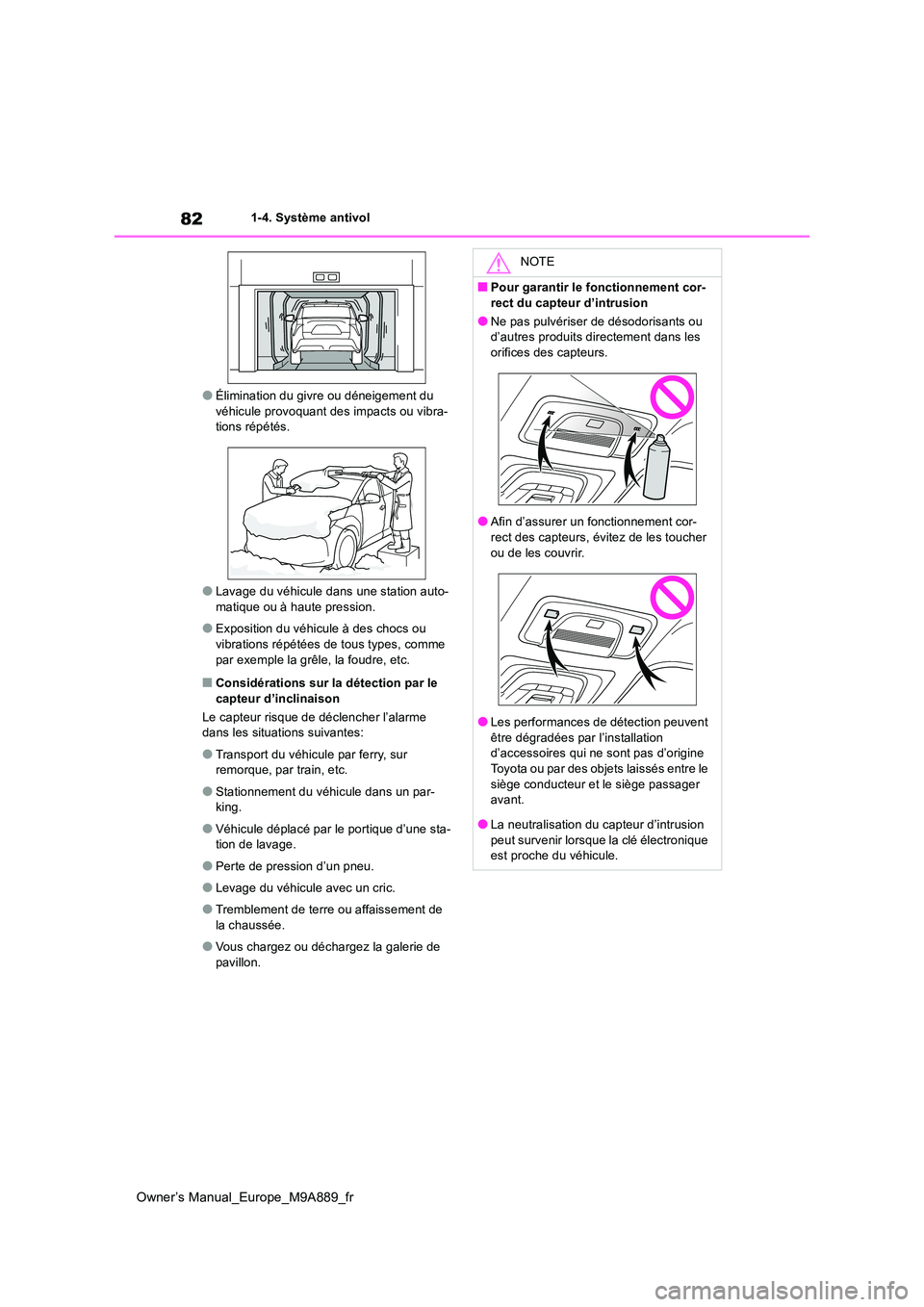 TOYOTA BZ4X 2023 Manuel du propriétaire (in French) 82
Owner’s Manual_Europe_M9A889_fr
1-4. Système antivol
●Élimination du givre ou déneigement du véhicule provoquant des impacts ou vibra-tions répétés.
●Lavage du véhicule dans une stat TOYOTA BZ4X 2023 Manuel du propriétaire (in French) 82
Owner’s Manual_Europe_M9A889_fr
1-4. Système antivol
●Élimination du givre ou déneigement du véhicule provoquant des impacts ou vibra-tions répétés.
●Lavage du véhicule dans une stat