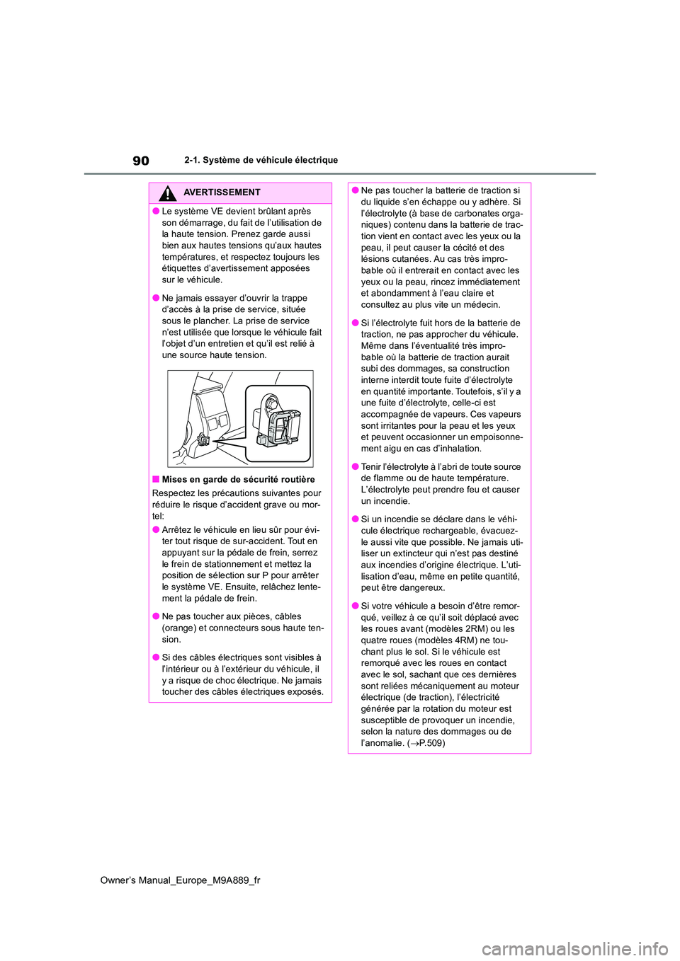 TOYOTA BZ4X 2023 Manuel du propriétaire (in French) 90
Owner’s Manual_Europe_M9A889_fr
2-1. Système de véhicule électrique
AVERTISSEMENT
●Le système VE devient brûlant après
son démarrage, du fait de l’utilisation de la haute tension. P TOYOTA BZ4X 2023 Manuel du propriétaire (in French) 90
Owner’s Manual_Europe_M9A889_fr
2-1. Système de véhicule électrique
AVERTISSEMENT
●Le système VE devient brûlant après
son démarrage, du fait de l’utilisation de la haute tension. P