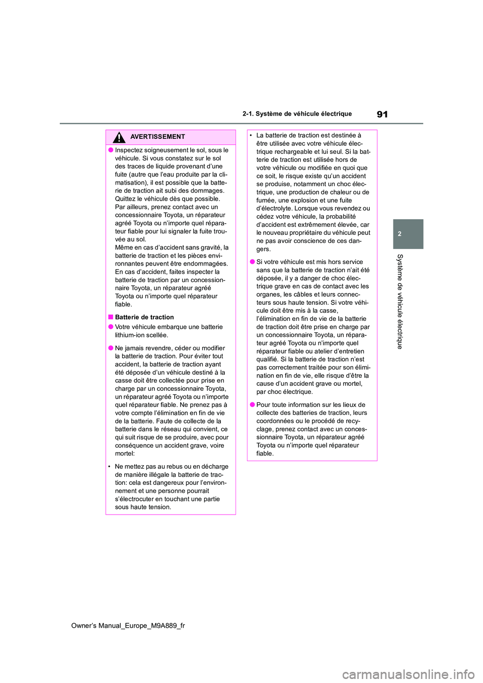 TOYOTA BZ4X 2023 Manuel du propriétaire (in French) 91
2
Owner’s Manual_Europe_M9A889_fr
2-1. Système de véhicule électrique
Système de véhicule électrique
AVERTISSEMENT
●Inspectez soigneusement le sol, sous le
véhicule. Si vous constatez TOYOTA BZ4X 2023 Manuel du propriétaire (in French) 91
2
Owner’s Manual_Europe_M9A889_fr
2-1. Système de véhicule électrique
Système de véhicule électrique
AVERTISSEMENT
●Inspectez soigneusement le sol, sous le
véhicule. Si vous constatez
