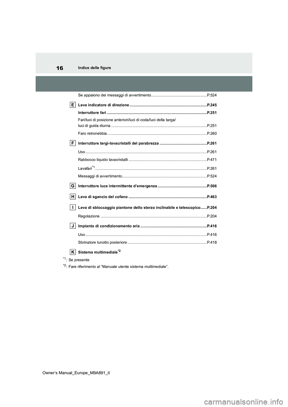 TOYOTA BZ4X 2023  Manuale duso (in Italian) 16
Owner’s Manual_Europe_M9A891_it
Indice delle figure 
Se appaiono dei messaggi di avvertimento....................... .............................P.524 
Leva indicatore di direzione .............