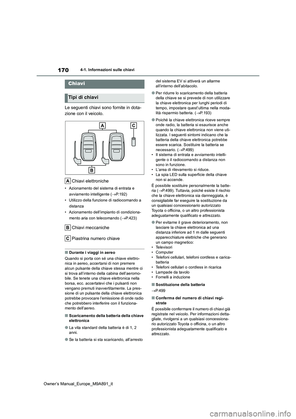 TOYOTA BZ4X 2023 Manuale duso (in Italian) 170
Owner’s Manual_Europe_M9A891_it
4-1. Informazioni sulle chiavi
4-1.In formazioni s ulle chiav i
Le seguenti chiavi sono fornite in dota-
zione con il veicolo.
Chiavi elettroniche
• Azionamen TOYOTA BZ4X 2023 Manuale duso (in Italian) 170
Owner’s Manual_Europe_M9A891_it
4-1. Informazioni sulle chiavi
4-1.In formazioni s ulle chiav i
Le seguenti chiavi sono fornite in dota-
zione con il veicolo.
Chiavi elettroniche
• Azionamen