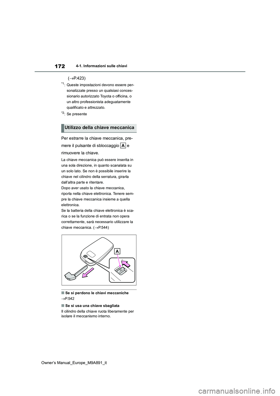 TOYOTA BZ4X 2023 Manuale duso (in Italian) 172
Owner’s Manual_Europe_M9A891_it
4-1. Informazioni sulle chiavi
(P.423)
*1: Queste impostazioni devono essere per-
sonalizzate presso un qualsiasi conces-
sionario autorizzato Toyota o offici TOYOTA BZ4X 2023 Manuale duso (in Italian) 172
Owner’s Manual_Europe_M9A891_it
4-1. Informazioni sulle chiavi
(P.423)
*1: Queste impostazioni devono essere per-
sonalizzate presso un qualsiasi conces-
sionario autorizzato Toyota o offici