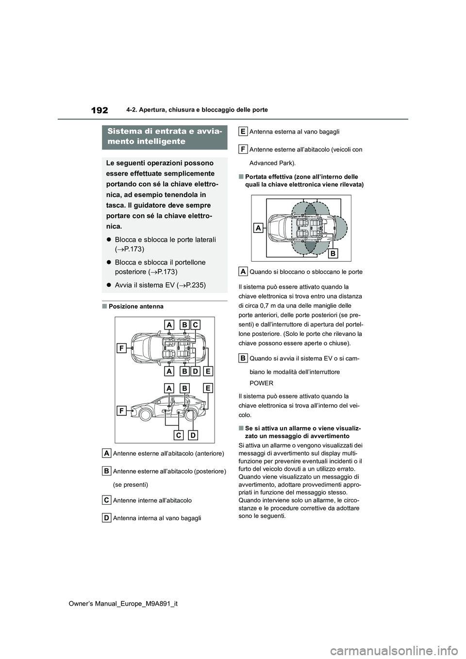 TOYOTA BZ4X 2023 Manuale duso (in Italian) 192
Owner’s Manual_Europe_M9A891_it
4-2. Apertura, chiusura e bloccaggio delle porte
■Posizione antenna
Antenne esterne all’abitacolo (anteriore)
Antenne esterne all’abitacolo (posteriore) TOYOTA BZ4X 2023 Manuale duso (in Italian) 192
Owner’s Manual_Europe_M9A891_it
4-2. Apertura, chiusura e bloccaggio delle porte
■Posizione antenna
Antenne esterne all’abitacolo (anteriore)
Antenne esterne all’abitacolo (posteriore)