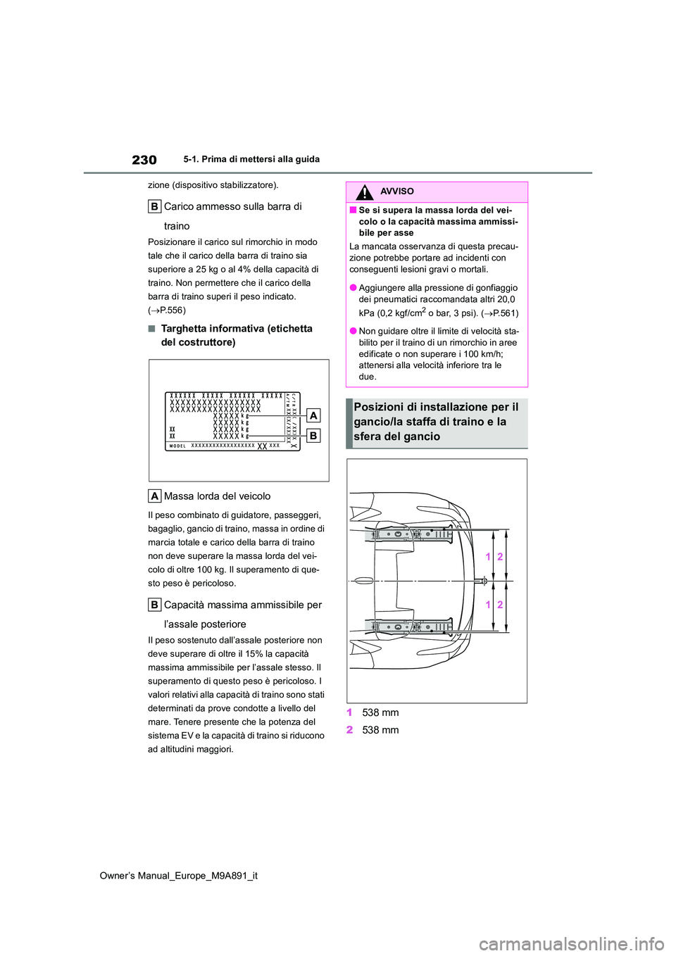 TOYOTA BZ4X 2023 Manuale duso (in Italian) 230
Owner’s Manual_Europe_M9A891_it
5-1. Prima di mettersi alla guida
zione (dispositivo stabilizzatore).
Carico ammesso sulla barra di
traino
Posizionare il carico sul rimorchio in modo
tale c TOYOTA BZ4X 2023 Manuale duso (in Italian) 230
Owner’s Manual_Europe_M9A891_it
5-1. Prima di mettersi alla guida
zione (dispositivo stabilizzatore).
Carico ammesso sulla barra di
traino
Posizionare il carico sul rimorchio in modo
tale c