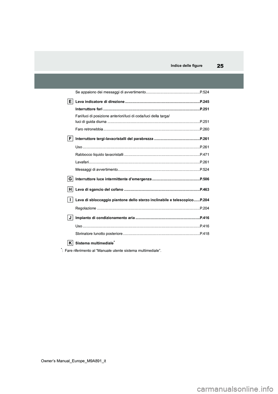TOYOTA BZ4X 2023 Manuale duso (in Italian) 25
Owner’s Manual_Europe_M9A891_it
Indice delle figure
Se appaiono dei messaggi di avvertimento....................................................P.524
Leva indicatore di direzione ............... TOYOTA BZ4X 2023 Manuale duso (in Italian) 25
Owner’s Manual_Europe_M9A891_it
Indice delle figure
Se appaiono dei messaggi di avvertimento....................................................P.524
Leva indicatore di direzione ...............