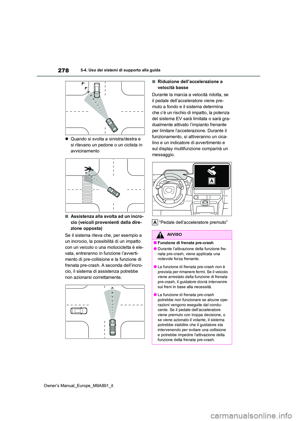 TOYOTA BZ4X 2023 Manuale duso (in Italian) 278
Owner’s Manual_Europe_M9A891_it
5-4. Uso dei sistemi di supporto alla guida
Quando si svolta a sinistra/destra e
si rilevano un pedone o un ciclista in
avvicinamento
■Assistenza alla svo TOYOTA BZ4X 2023 Manuale duso (in Italian) 278
Owner’s Manual_Europe_M9A891_it
5-4. Uso dei sistemi di supporto alla guida
Quando si svolta a sinistra/destra e
si rilevano un pedone o un ciclista in
avvicinamento
■Assistenza alla svo