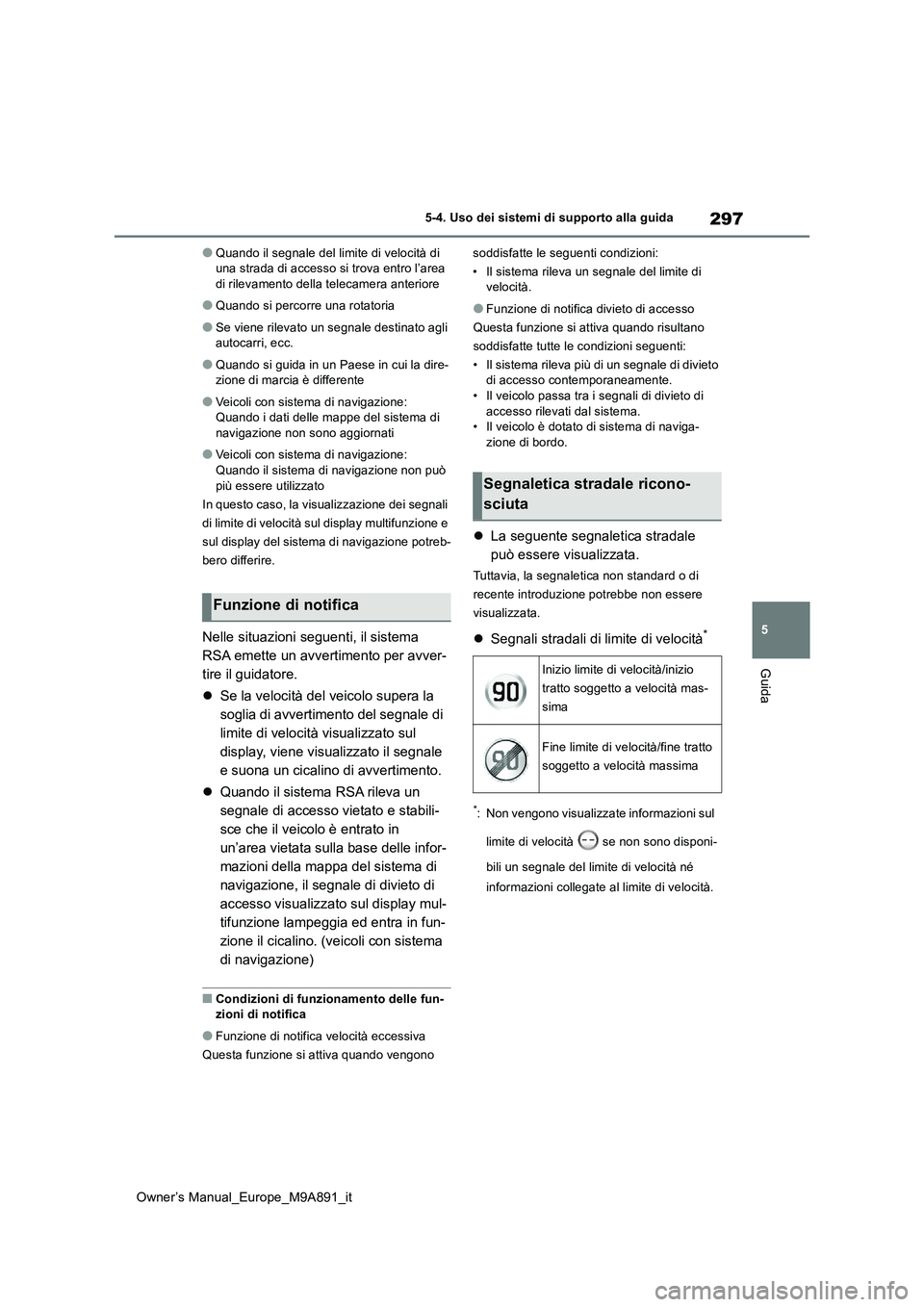 TOYOTA BZ4X 2023 Manuale duso (in Italian) 297
5
Owner’s Manual_Europe_M9A891_it
5-4. Uso dei sistemi di supporto alla guida
Guida
●Quando il segnale del limite di velocità di una strada di accesso si trova entro l’area di rilevamento TOYOTA BZ4X 2023 Manuale duso (in Italian) 297
5
Owner’s Manual_Europe_M9A891_it
5-4. Uso dei sistemi di supporto alla guida
Guida
●Quando il segnale del limite di velocità di una strada di accesso si trova entro l’area di rilevamento