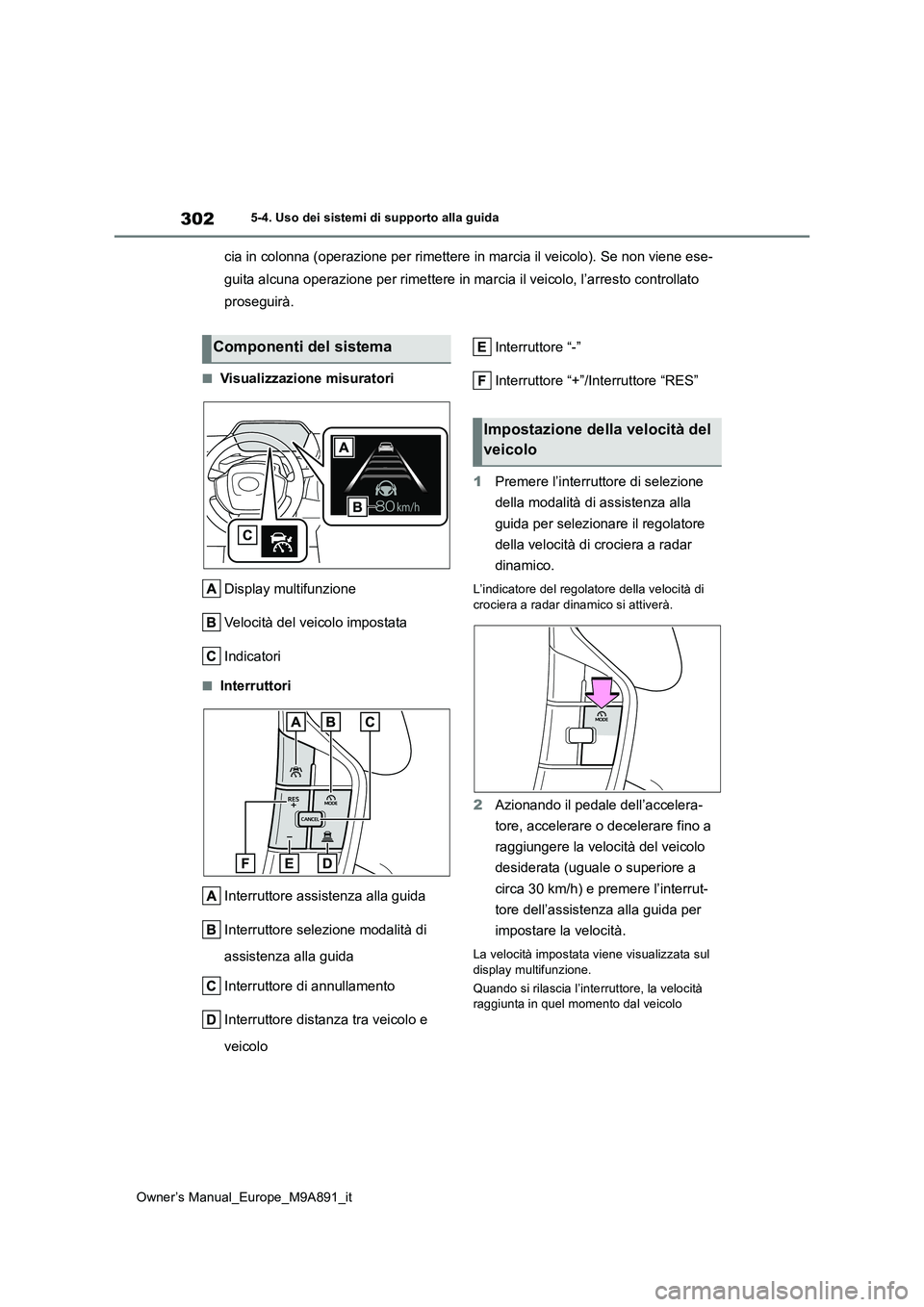 TOYOTA BZ4X 2023 Manuale duso (in Italian) 302
Owner’s Manual_Europe_M9A891_it
5-4. Uso dei sistemi di supporto alla guida
cia in colonna (operazione per rimettere in marcia il veicolo). Se non viene ese-
guita alcuna operazione per rimette TOYOTA BZ4X 2023 Manuale duso (in Italian) 302
Owner’s Manual_Europe_M9A891_it
5-4. Uso dei sistemi di supporto alla guida
cia in colonna (operazione per rimettere in marcia il veicolo). Se non viene ese-
guita alcuna operazione per rimette