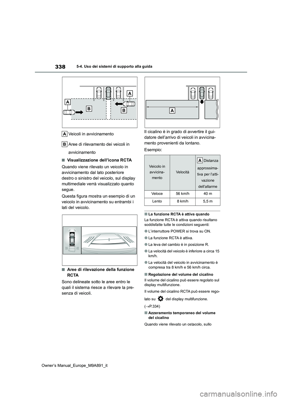 TOYOTA BZ4X 2023 Manuale duso (in Italian) 338
Owner’s Manual_Europe_M9A891_it
5-4. Uso dei sistemi di supporto alla guida
Veicoli in avvicinamento
Aree di rilevamento dei veicoli in
avvicinamento
■Visualizzazione dell’icona RCTA
Qua TOYOTA BZ4X 2023 Manuale duso (in Italian) 338
Owner’s Manual_Europe_M9A891_it
5-4. Uso dei sistemi di supporto alla guida
Veicoli in avvicinamento
Aree di rilevamento dei veicoli in
avvicinamento
■Visualizzazione dell’icona RCTA
Qua
