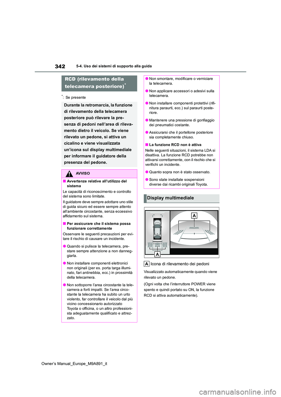 TOYOTA BZ4X 2023 Manuale duso (in Italian) 342
Owner’s Manual_Europe_M9A891_it
5-4. Uso dei sistemi di supporto alla guida
*: Se presente
Icona di rilevamento dei pedoni
Visualizzato automaticamente quando viene
rilevato un pedone.
(Ogni TOYOTA BZ4X 2023 Manuale duso (in Italian) 342
Owner’s Manual_Europe_M9A891_it
5-4. Uso dei sistemi di supporto alla guida
*: Se presente
Icona di rilevamento dei pedoni
Visualizzato automaticamente quando viene
rilevato un pedone.
(Ogni