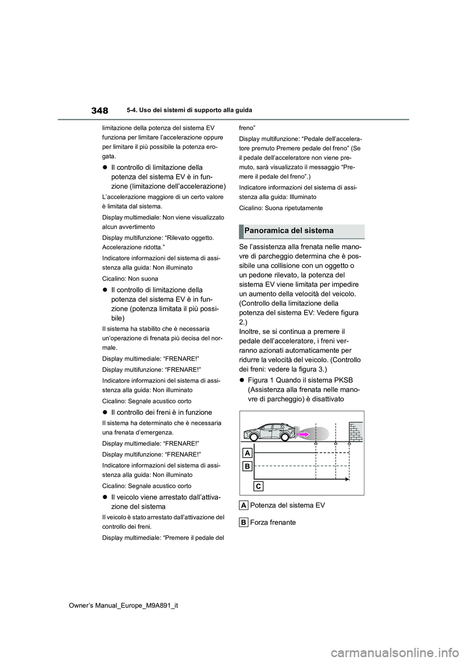 TOYOTA BZ4X 2023 Manuale duso (in Italian) 348
Owner’s Manual_Europe_M9A891_it
5-4. Uso dei sistemi di supporto alla guida
limitazione della potenza del sistema EV
funziona per limitare l’accelerazione oppure
per limitare il più possi TOYOTA BZ4X 2023 Manuale duso (in Italian) 348
Owner’s Manual_Europe_M9A891_it
5-4. Uso dei sistemi di supporto alla guida
limitazione della potenza del sistema EV
funziona per limitare l’accelerazione oppure
per limitare il più possi
