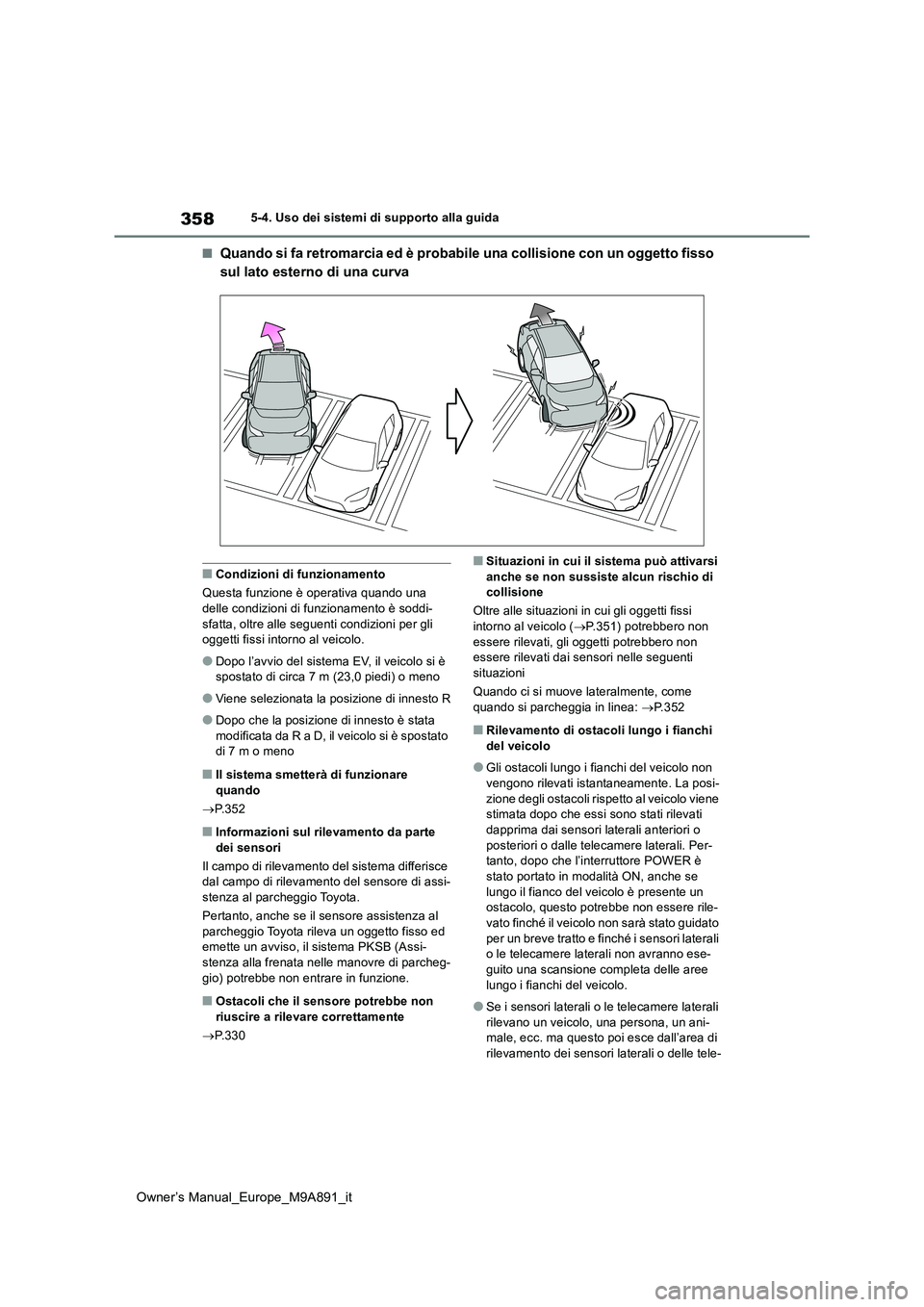 TOYOTA BZ4X 2023  Manuale duso (in Italian) 358
Owner’s Manual_Europe_M9A891_it
5-4. Uso dei sistemi di supporto alla guida
■Quando si fa retromarcia ed è probabile una collisione con un oggetto fisso  
sul lato esterno di una curva
■Con