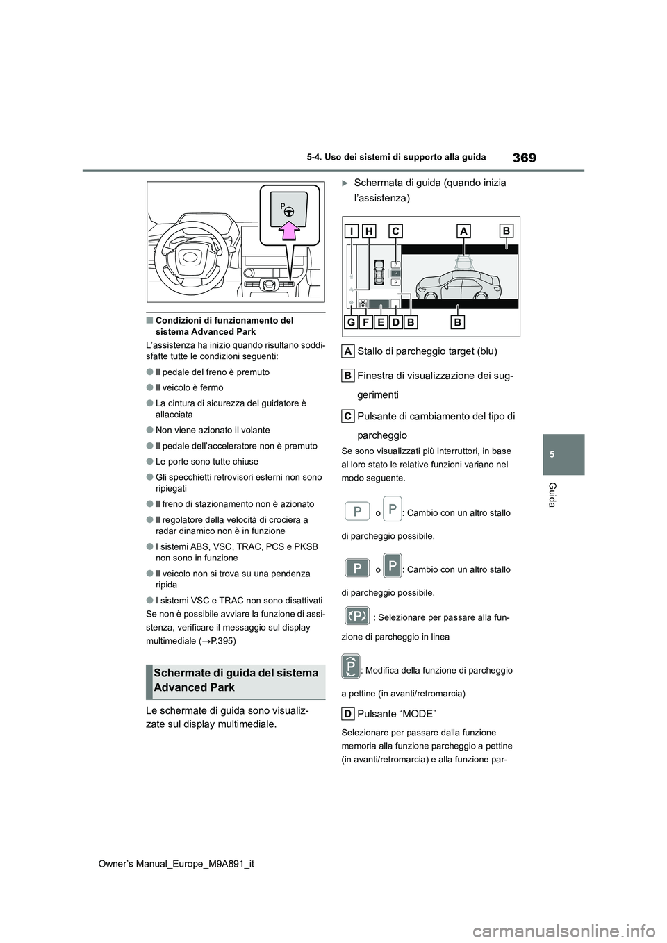 TOYOTA BZ4X 2023 Manuale duso (in Italian) 369
5
Owner’s Manual_Europe_M9A891_it
5-4. Uso dei sistemi di supporto alla guida
Guida
■Condizioni di funzionamento del sistema Advanced Park
L’assistenza ha inizio quando risultano soddi- sf TOYOTA BZ4X 2023 Manuale duso (in Italian) 369
5
Owner’s Manual_Europe_M9A891_it
5-4. Uso dei sistemi di supporto alla guida
Guida
■Condizioni di funzionamento del sistema Advanced Park
L’assistenza ha inizio quando risultano soddi- sf
