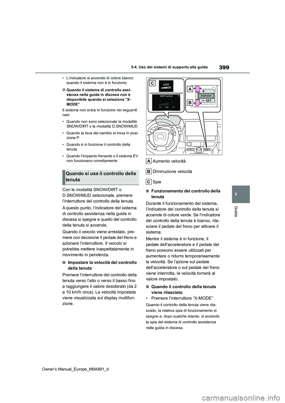TOYOTA BZ4X 2023  Manuale duso (in Italian) 399
5
Owner’s Manual_Europe_M9A891_it
5-4. Uso dei sistemi di supporto alla guida
Guida
• L’indicatore si accende di colore bianco  quando il sistema non è in funzione.
■Quando il sistema di 