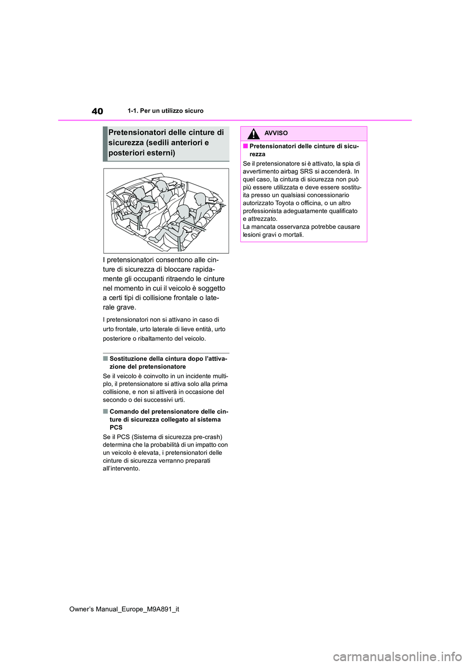 TOYOTA BZ4X 2023 Manuale duso (in Italian) 40
Owner’s Manual_Europe_M9A891_it
1-1. Per un utilizzo sicuro
I pretensionatori consentono alle cin-
ture di sicurezza di bloccare rapida-
mente gli occupanti ritraendo le cinture
nel momento in TOYOTA BZ4X 2023 Manuale duso (in Italian) 40
Owner’s Manual_Europe_M9A891_it
1-1. Per un utilizzo sicuro
I pretensionatori consentono alle cin-
ture di sicurezza di bloccare rapida-
mente gli occupanti ritraendo le cinture
nel momento in