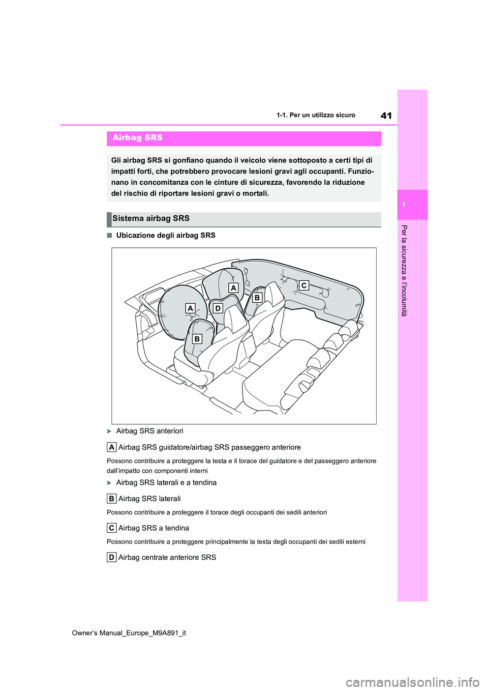TOYOTA BZ4X 2023  Manuale duso (in Italian) 41
1
Owner’s Manual_Europe_M9A891_it
1-1. Per un utilizzo sicuro
Per la sicurezza e l’incolumità
■Ubicazione degli airbag SRS
Airbag SRS anteriori 
Airbag SRS guidatore/airbag SRS passeggero