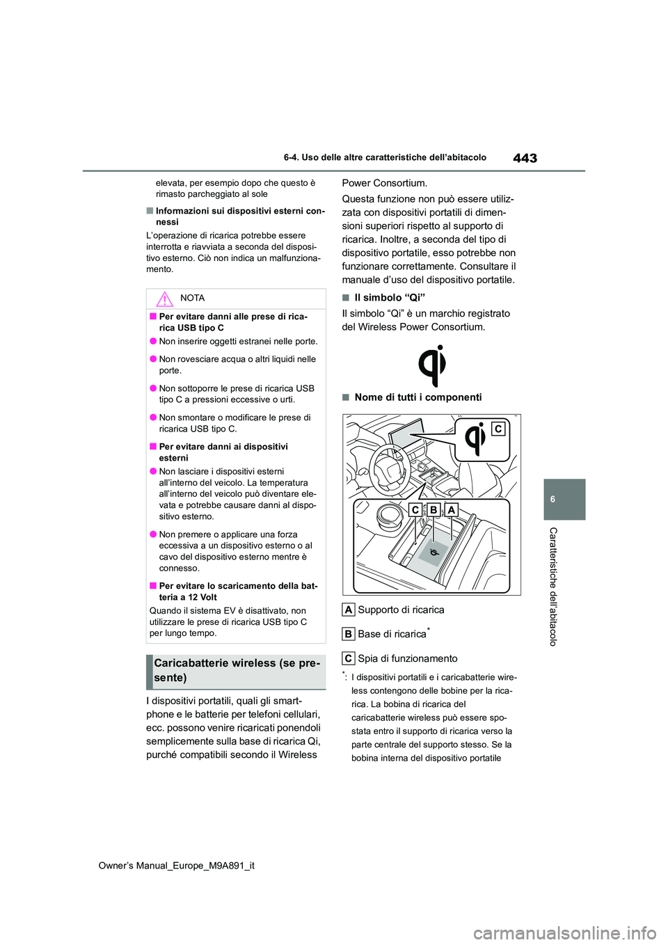 TOYOTA BZ4X 2023 Manuale duso (in Italian) 443
6
Owner’s Manual_Europe_M9A891_it
6-4. Uso delle altre caratteristiche dell’abitacolo
Caratteristiche dell’abitacolo
elevata, per esempio dopo che questo è rimasto parcheggiato al sole
■ TOYOTA BZ4X 2023 Manuale duso (in Italian) 443
6
Owner’s Manual_Europe_M9A891_it
6-4. Uso delle altre caratteristiche dell’abitacolo
Caratteristiche dell’abitacolo
elevata, per esempio dopo che questo è rimasto parcheggiato al sole
■