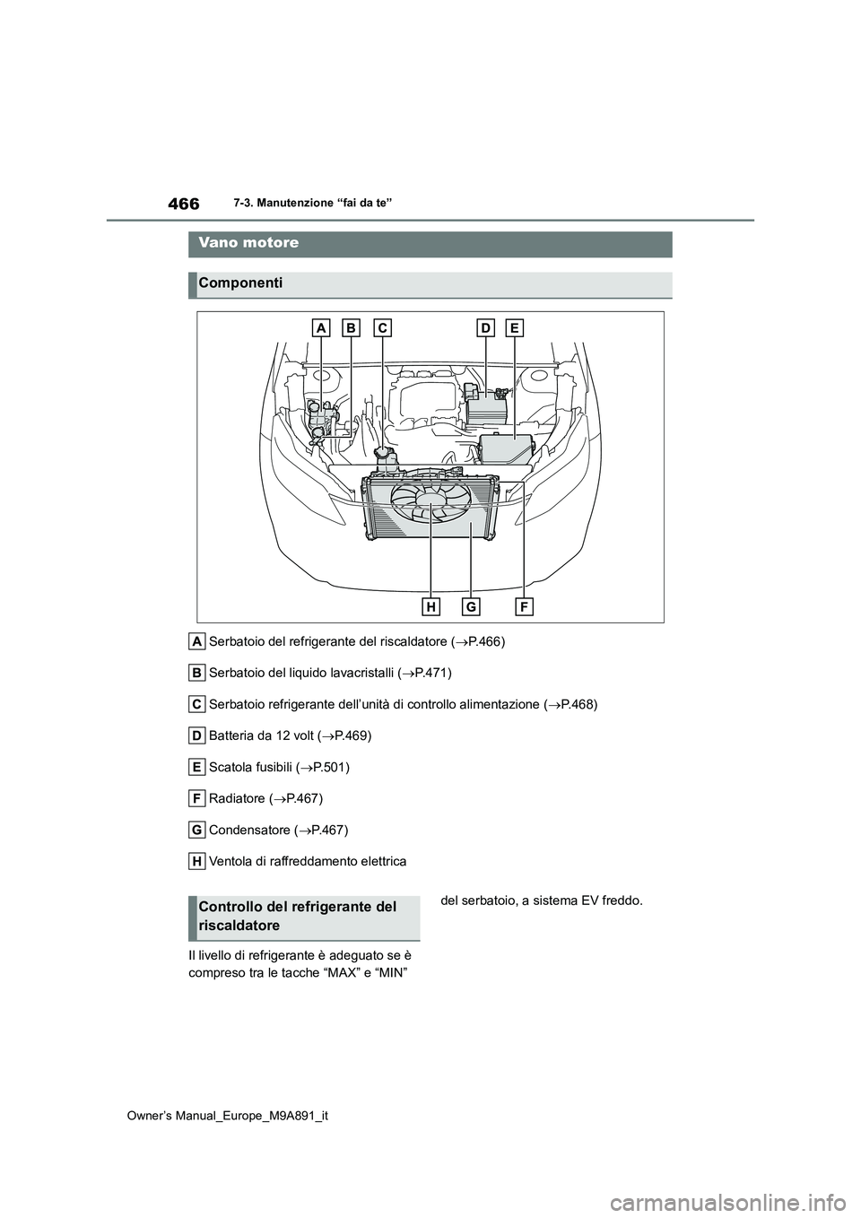 TOYOTA BZ4X 2023  Manuale duso (in Italian) 466
Owner’s Manual_Europe_M9A891_it
7-3. Manutenzione “fai da te”
Serbatoio del refrigerante del riscaldatore (P.466) 
Serbatoio del liquido lavacristalli ( P.471) 
Serbatoio refrigerante 