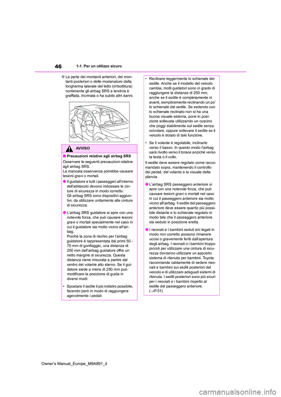 TOYOTA BZ4X 2023 Manuale duso (in Italian) 46
Owner’s Manual_Europe_M9A891_it
1-1. Per un utilizzo sicuro
●La parte dei montanti anteriori, dei mon- tanti posteriori o delle modanature della longherina laterale del tetto (imbottitura)
co TOYOTA BZ4X 2023 Manuale duso (in Italian) 46
Owner’s Manual_Europe_M9A891_it
1-1. Per un utilizzo sicuro
●La parte dei montanti anteriori, dei mon- tanti posteriori o delle modanature della longherina laterale del tetto (imbottitura)
co