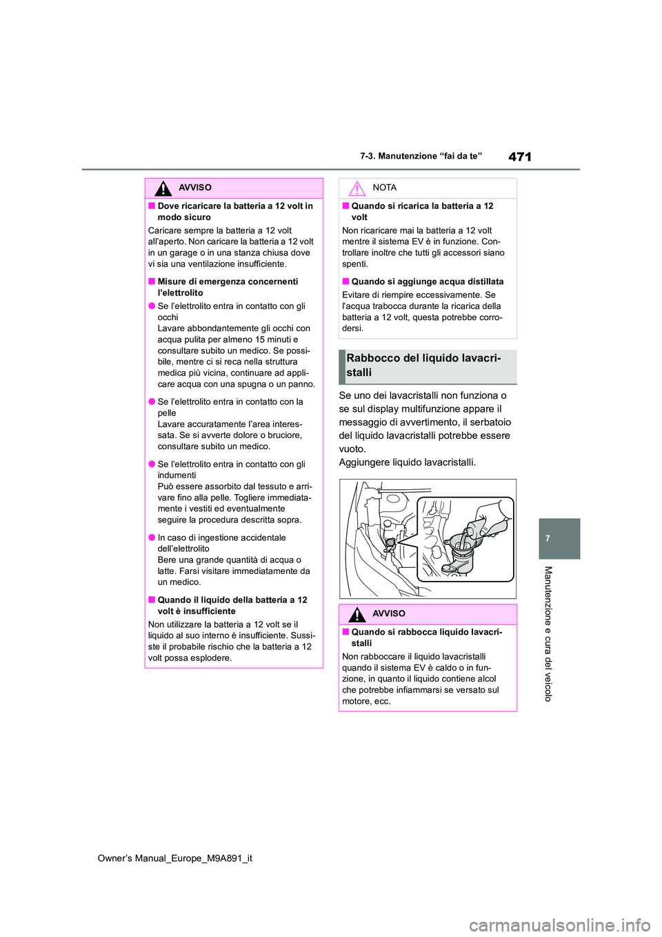 TOYOTA BZ4X 2023  Manuale duso (in Italian) 471
7
Owner’s Manual_Europe_M9A891_it
7-3. Manutenzione “fai da te”
Manutenzione e cura del veicolo
Se uno dei lavacristalli non funziona o  
se sul display multifunzione appare il 
messaggio di