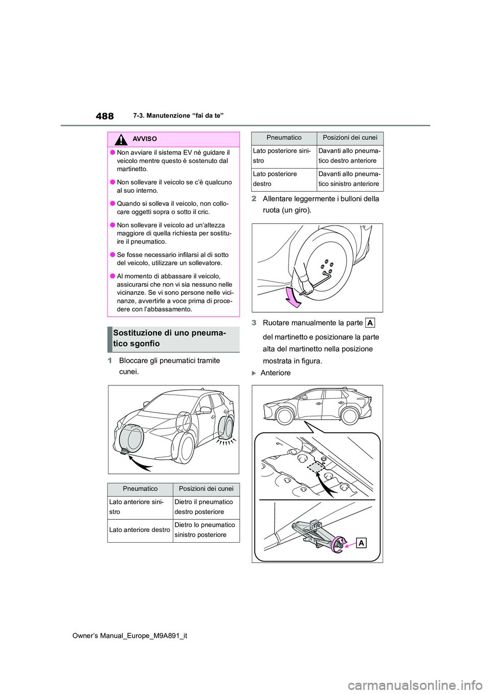 TOYOTA BZ4X 2023 Manuale duso (in Italian) 488
Owner’s Manual_Europe_M9A891_it
7-3. Manutenzione “fai da te”
1Bloccare gli pneumatici tramite
cunei.
2 Allentare leggermente i bulloni della
ruota (un giro).
3 Ruotare manualmente la TOYOTA BZ4X 2023 Manuale duso (in Italian) 488
Owner’s Manual_Europe_M9A891_it
7-3. Manutenzione “fai da te”
1Bloccare gli pneumatici tramite
cunei.
2 Allentare leggermente i bulloni della
ruota (un giro).
3 Ruotare manualmente la