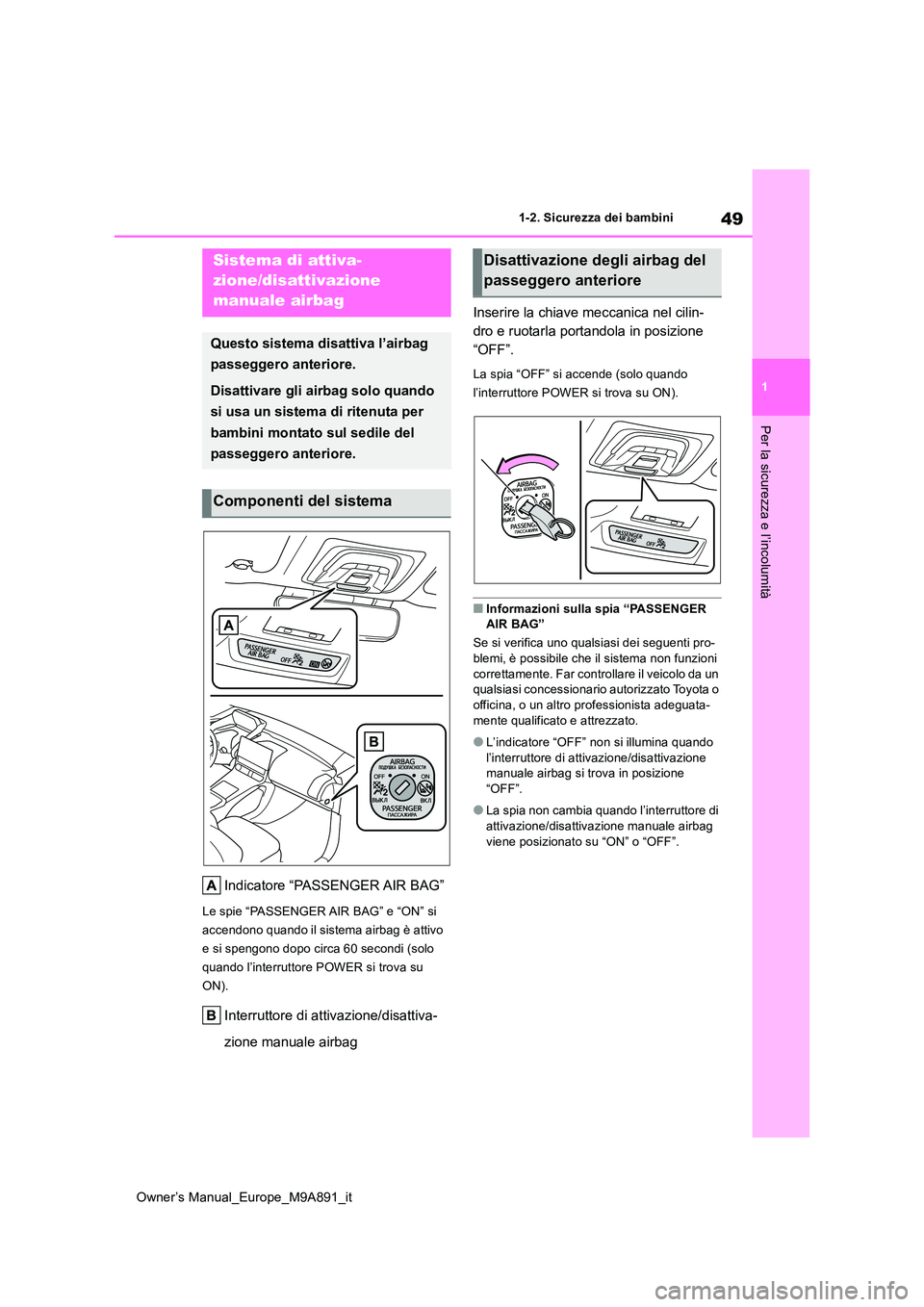 TOYOTA BZ4X 2023 Manuale duso (in Italian) 49
1
Owner’s Manual_Europe_M9A891_it
1-2. Sicurezza dei bambini
Per la sicurezza e l’incolumità
1-2.Sicure zza de i bambini
Indicatore “PASSENGER AIR BAG”
Le spie “PASSENGER AIR BAG” e TOYOTA BZ4X 2023 Manuale duso (in Italian) 49
1
Owner’s Manual_Europe_M9A891_it
1-2. Sicurezza dei bambini
Per la sicurezza e l’incolumità
1-2.Sicure zza de i bambini
Indicatore “PASSENGER AIR BAG”
Le spie “PASSENGER AIR BAG” e