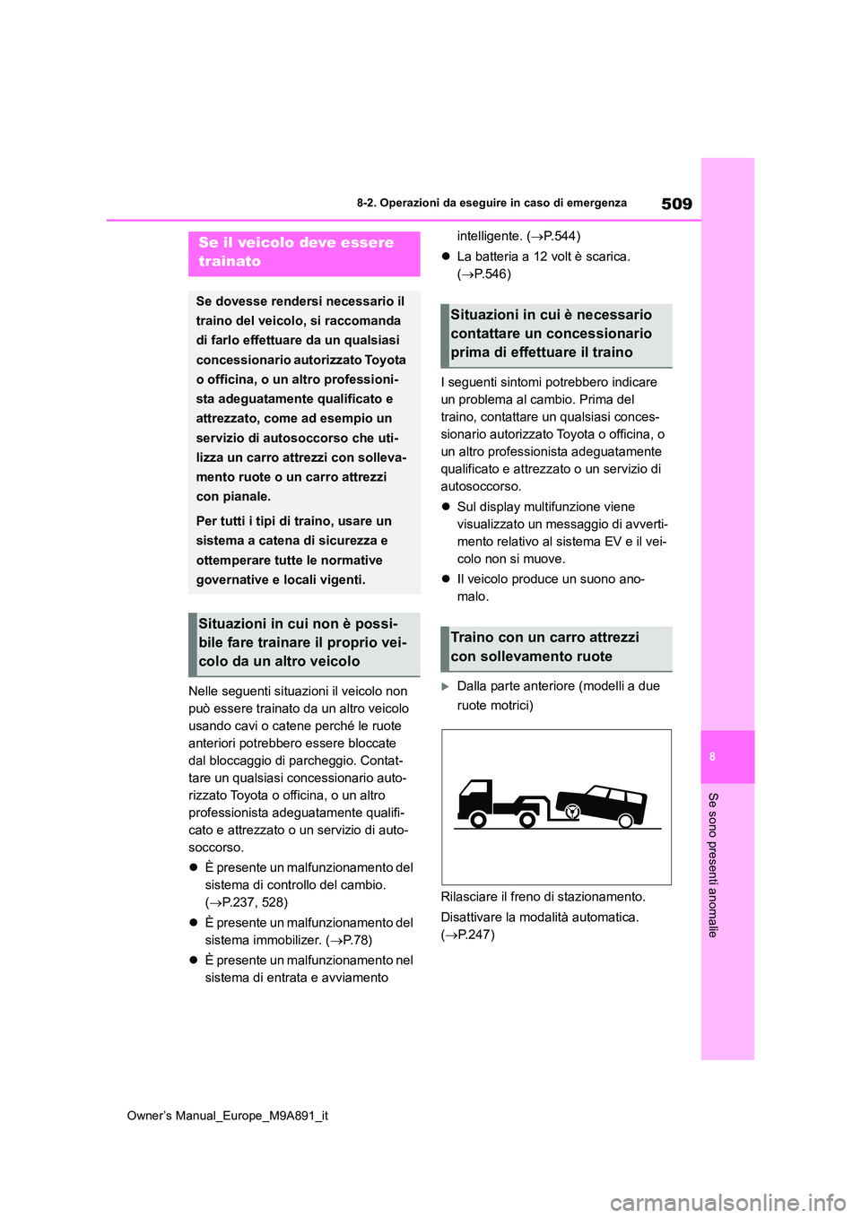 TOYOTA BZ4X 2023  Manuale duso (in Italian) 509
8
Owner’s Manual_Europe_M9A891_it
8-2. Operazioni da eseguire in caso di emergenza
Se sono presenti anomalie
8-2.Operazioni da eseg uire in  ca so di eme rgen za
Nelle seguenti situazioni il vei