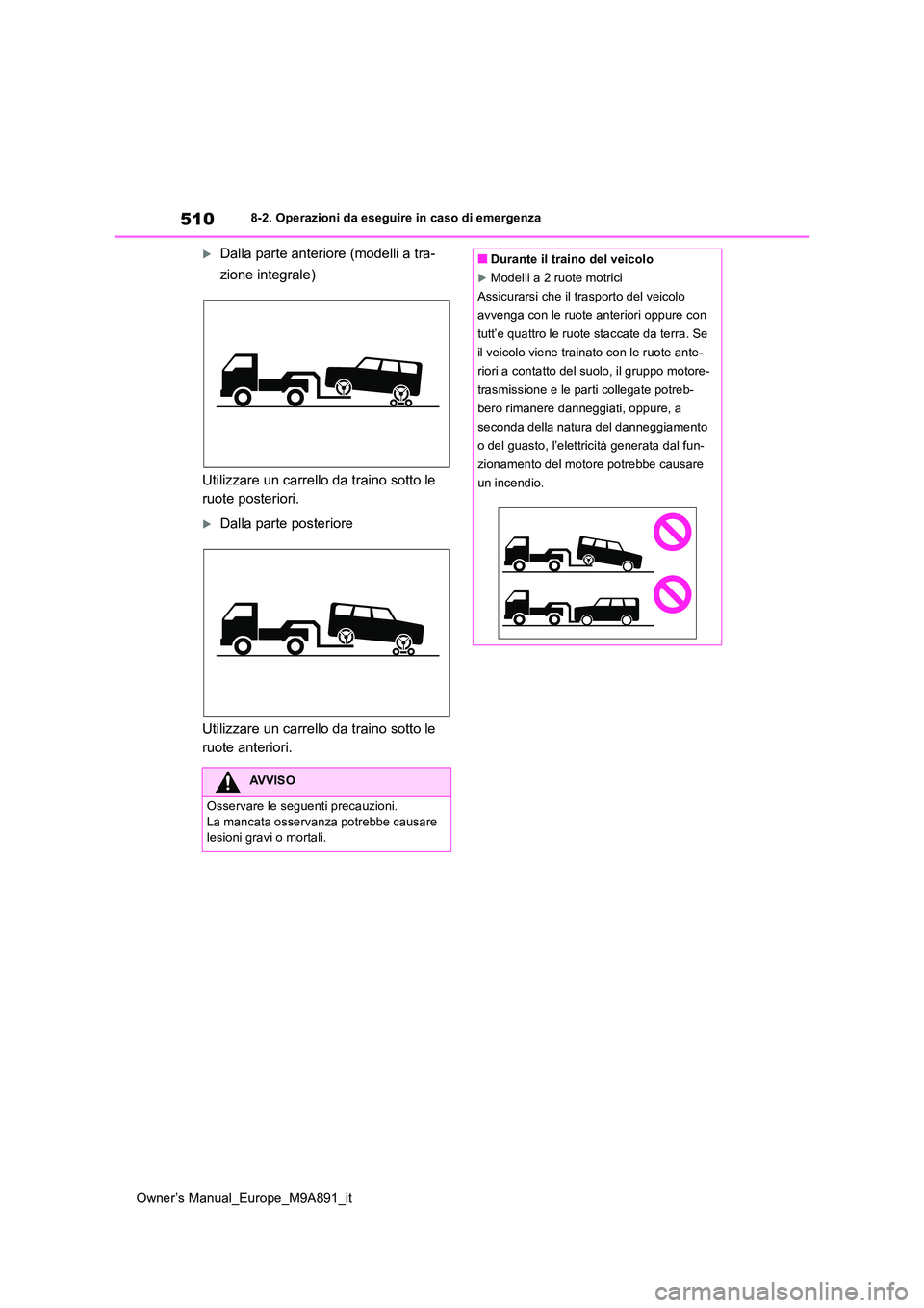 TOYOTA BZ4X 2023  Manuale duso (in Italian) 510
Owner’s Manual_Europe_M9A891_it
8-2. Operazioni da eseguire in caso di emergenza
Dalla parte anteriore (modelli a tra- 
zione integrale) 
Utilizzare un carrello da traino sotto le  
ruote pos