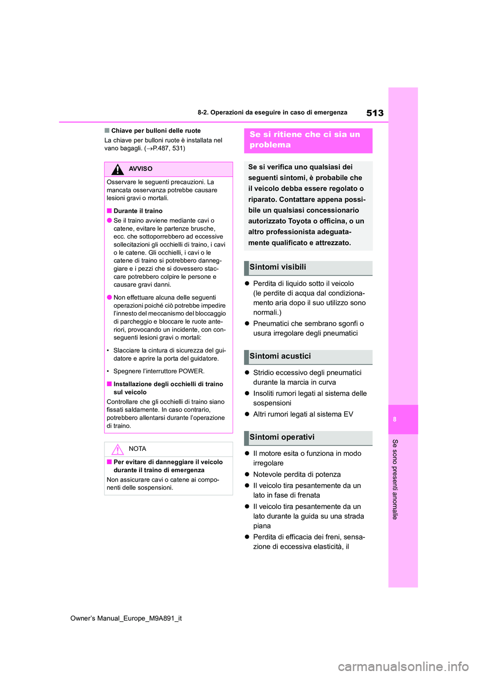 TOYOTA BZ4X 2023 Manuale duso (in Italian) 513
8
Owner’s Manual_Europe_M9A891_it
8-2. Operazioni da eseguire in caso di emergenza
Se sono presenti anomalie
■Chiave per bulloni delle ruote
La chiave per bulloni ruote è installata nel van TOYOTA BZ4X 2023 Manuale duso (in Italian) 513
8
Owner’s Manual_Europe_M9A891_it
8-2. Operazioni da eseguire in caso di emergenza
Se sono presenti anomalie
■Chiave per bulloni delle ruote
La chiave per bulloni ruote è installata nel van