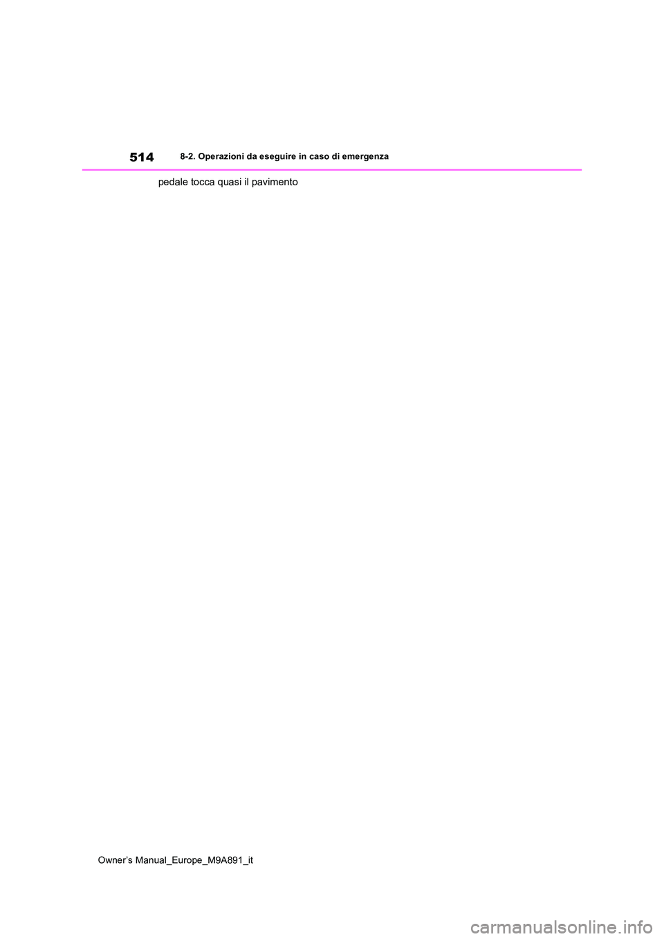 TOYOTA BZ4X 2023  Manuale duso (in Italian) 514
Owner’s Manual_Europe_M9A891_it
8-2. Operazioni da eseguire in caso di emergenza
pedale tocca quasi il pavimento 