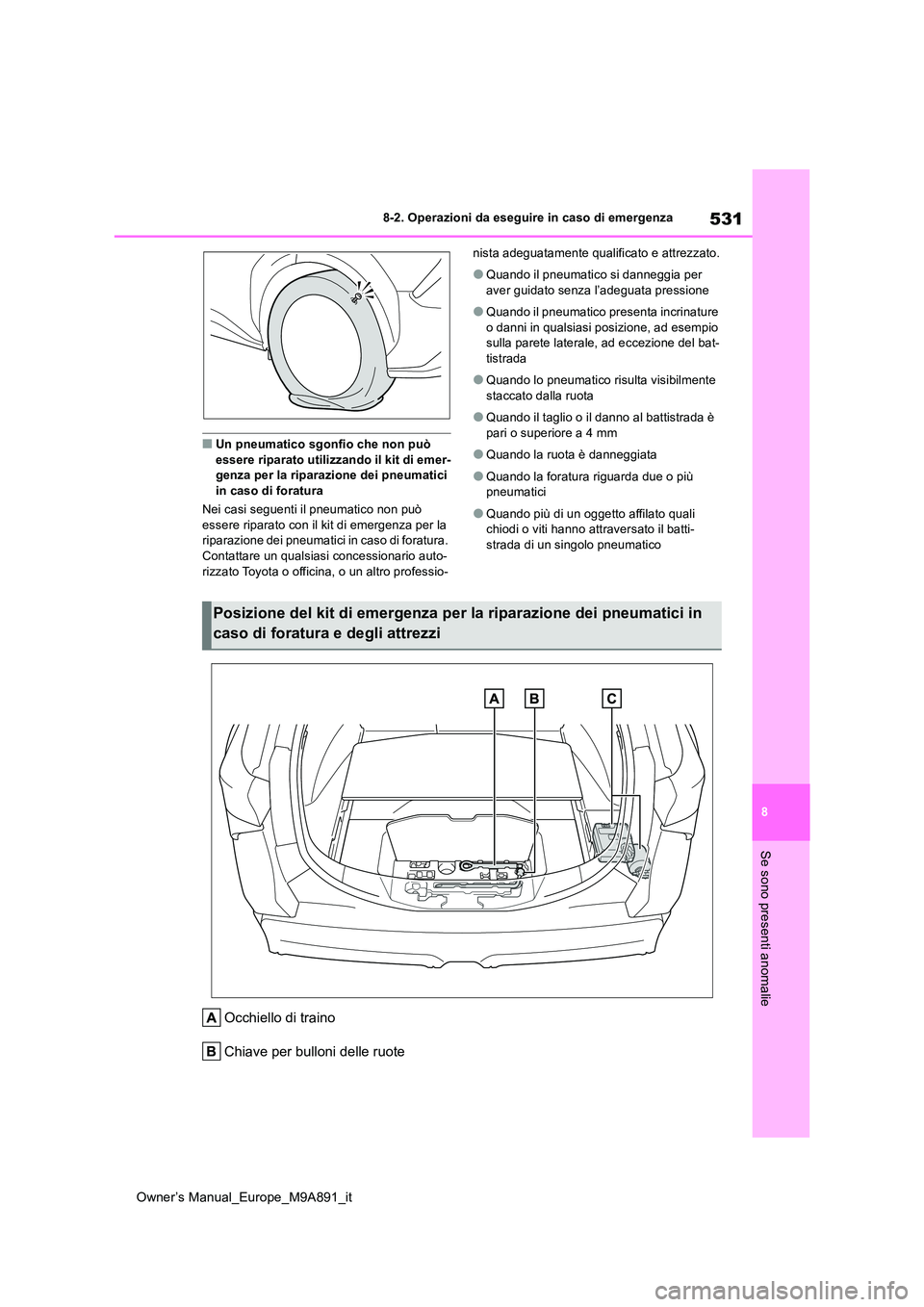 TOYOTA BZ4X 2023 Manuale duso (in Italian) 531
8
Owner’s Manual_Europe_M9A891_it
8-2. Operazioni da eseguire in caso di emergenza
Se sono presenti anomalie
■Un pneumatico sgonfio che non può essere riparato utilizzando il kit di emer-gen TOYOTA BZ4X 2023 Manuale duso (in Italian) 531
8
Owner’s Manual_Europe_M9A891_it
8-2. Operazioni da eseguire in caso di emergenza
Se sono presenti anomalie
■Un pneumatico sgonfio che non può essere riparato utilizzando il kit di emer-gen