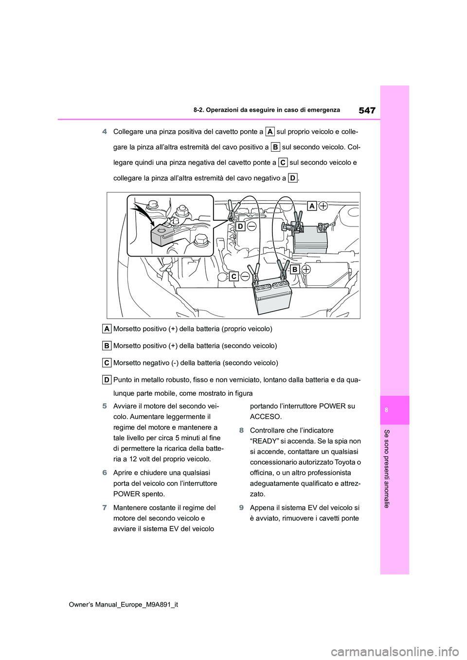 TOYOTA BZ4X 2023 Manuale duso (in Italian) 547
8
Owner’s Manual_Europe_M9A891_it
8-2. Operazioni da eseguire in caso di emergenza
Se sono presenti anomalie
4Collegare una pinza positiva del cavetto ponte a sul proprio veicolo e colle-
gar TOYOTA BZ4X 2023 Manuale duso (in Italian) 547
8
Owner’s Manual_Europe_M9A891_it
8-2. Operazioni da eseguire in caso di emergenza
Se sono presenti anomalie
4Collegare una pinza positiva del cavetto ponte a sul proprio veicolo e colle-
gar