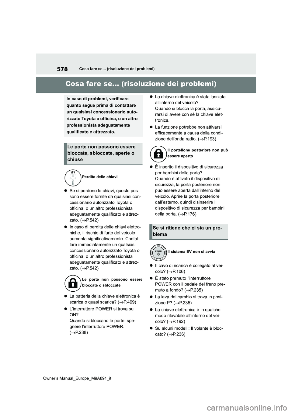TOYOTA BZ4X 2023 Manuale duso (in Italian) 578
Owner’s Manual_Europe_M9A891_it
Cosa fare se... (risoluzione dei problemi)
1-1.Cosa fare se... (risoluzione dei problemi)Cosa fare se... (risoluzione dei problemi)
Se si perdono le chiavi, qu TOYOTA BZ4X 2023 Manuale duso (in Italian) 578
Owner’s Manual_Europe_M9A891_it
Cosa fare se... (risoluzione dei problemi)
1-1.Cosa fare se... (risoluzione dei problemi)Cosa fare se... (risoluzione dei problemi)
Se si perdono le chiavi, qu