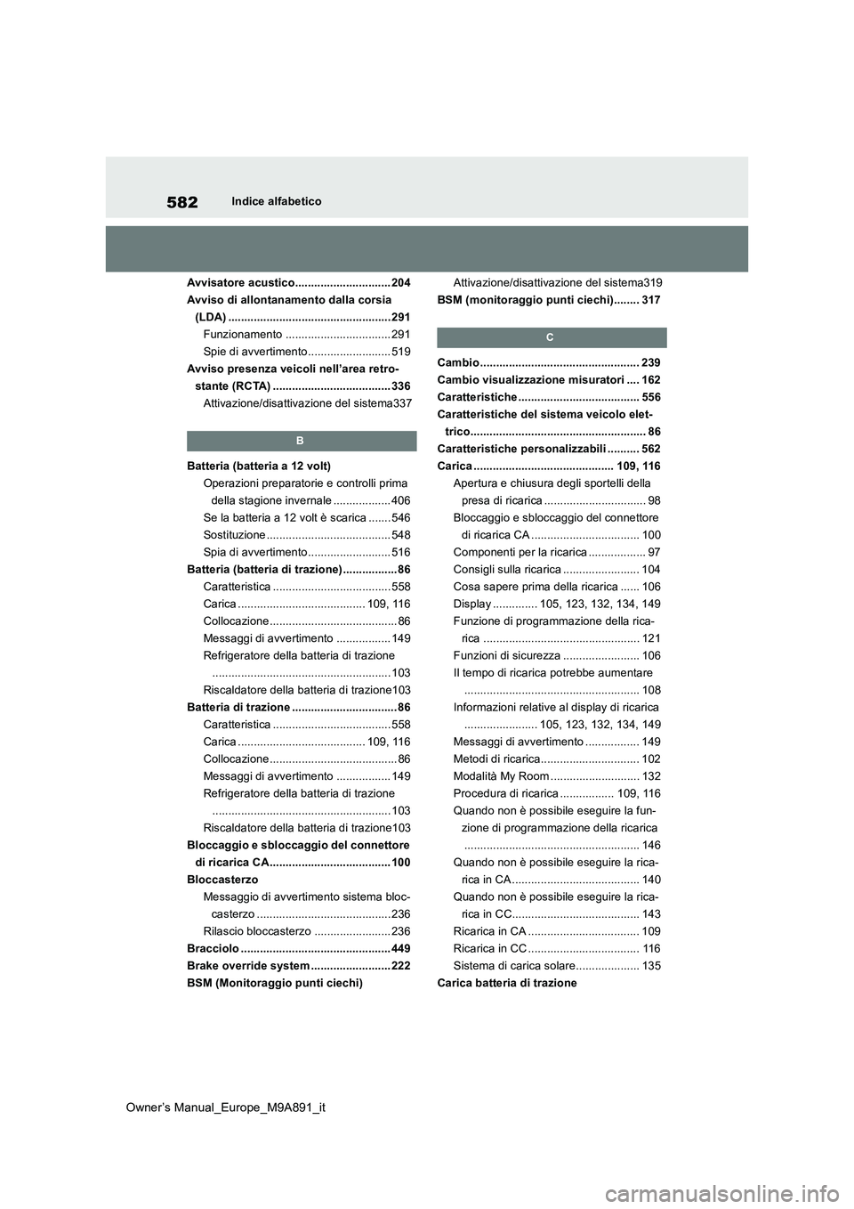 TOYOTA BZ4X 2023  Manuale duso (in Italian) 582
Owner’s Manual_Europe_M9A891_it
Indice alfabetico 
Avvisatore acustico.............................. 204 
Avviso di allontanamento dalla corsia 
(LDA) ...........................................