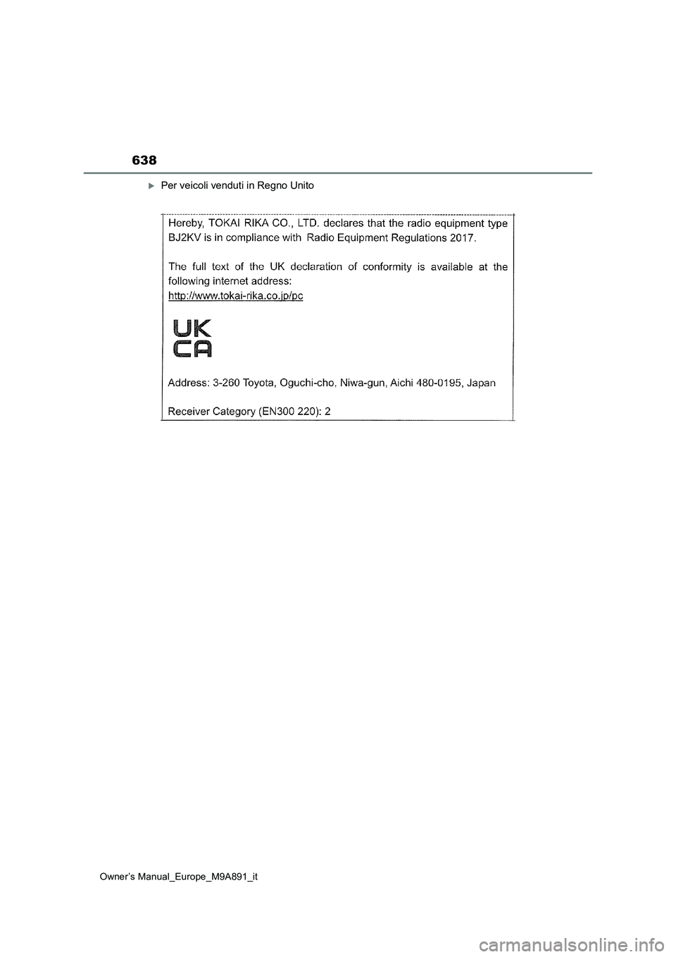 TOYOTA BZ4X 2023  Manuale duso (in Italian) 638
Owner’s Manual_Europe_M9A891_it
Per veicoli venduti in Regno Unito 