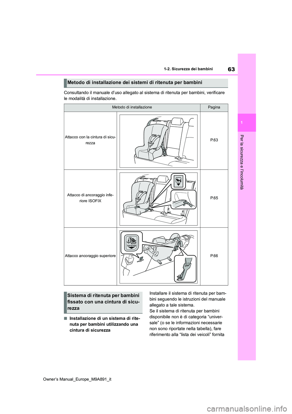 TOYOTA BZ4X 2023  Manuale duso (in Italian) 63
1
Owner’s Manual_Europe_M9A891_it
1-2. Sicurezza dei bambini
Per la sicurezza e l’incolumità
Consultando il manuale d’uso allegato al sistema di ritenuta per bambini, verificare  
le modalit
