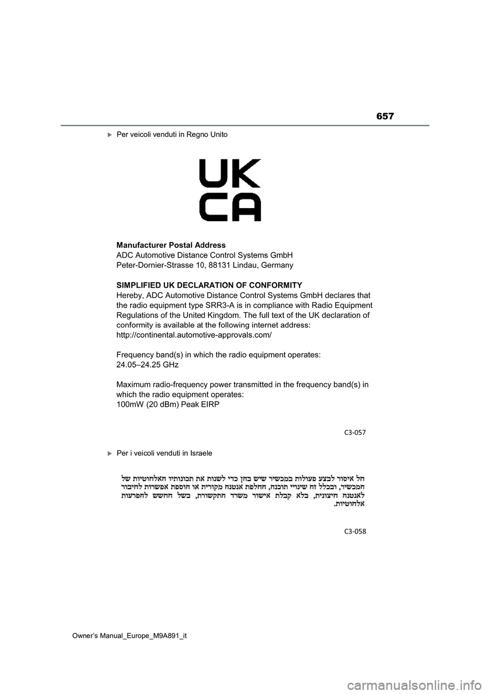 TOYOTA BZ4X 2023  Manuale duso (in Italian) 657
Owner’s Manual_Europe_M9A891_it
Per veicoli venduti in Regno Unito
Per i veicoli venduti in Israele 