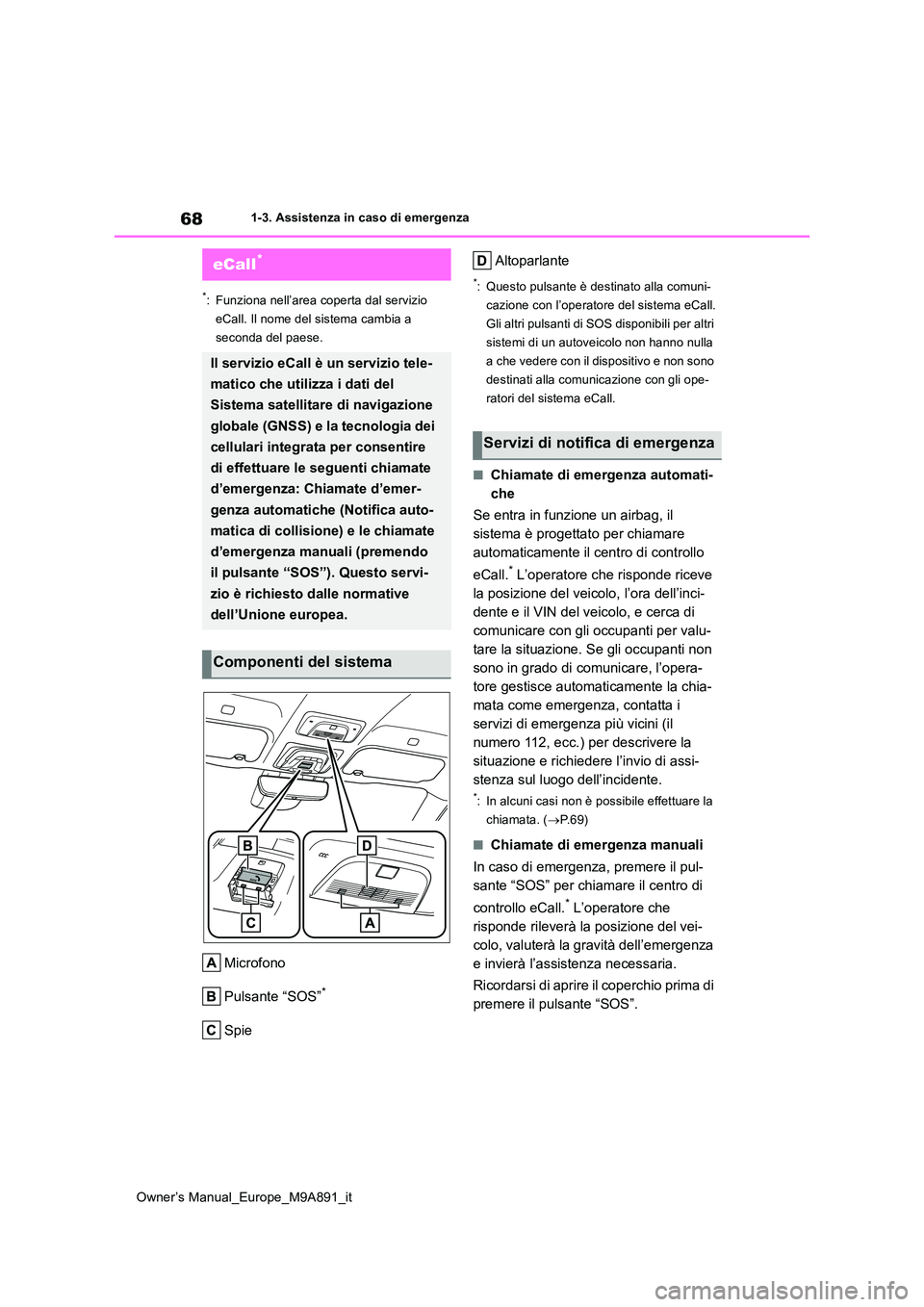 TOYOTA BZ4X 2023 Manuale duso (in Italian) 68
Owner’s Manual_Europe_M9A891_it
1-3. Assistenza in caso di emergenza
1-3.Assistenz a in cas o d i emergenz a
*: Funziona nell’area coperta dal servizio
eCall. Il nome del sistema cambia a
se TOYOTA BZ4X 2023 Manuale duso (in Italian) 68
Owner’s Manual_Europe_M9A891_it
1-3. Assistenza in caso di emergenza
1-3.Assistenz a in cas o d i emergenz a
*: Funziona nell’area coperta dal servizio
eCall. Il nome del sistema cambia a
se