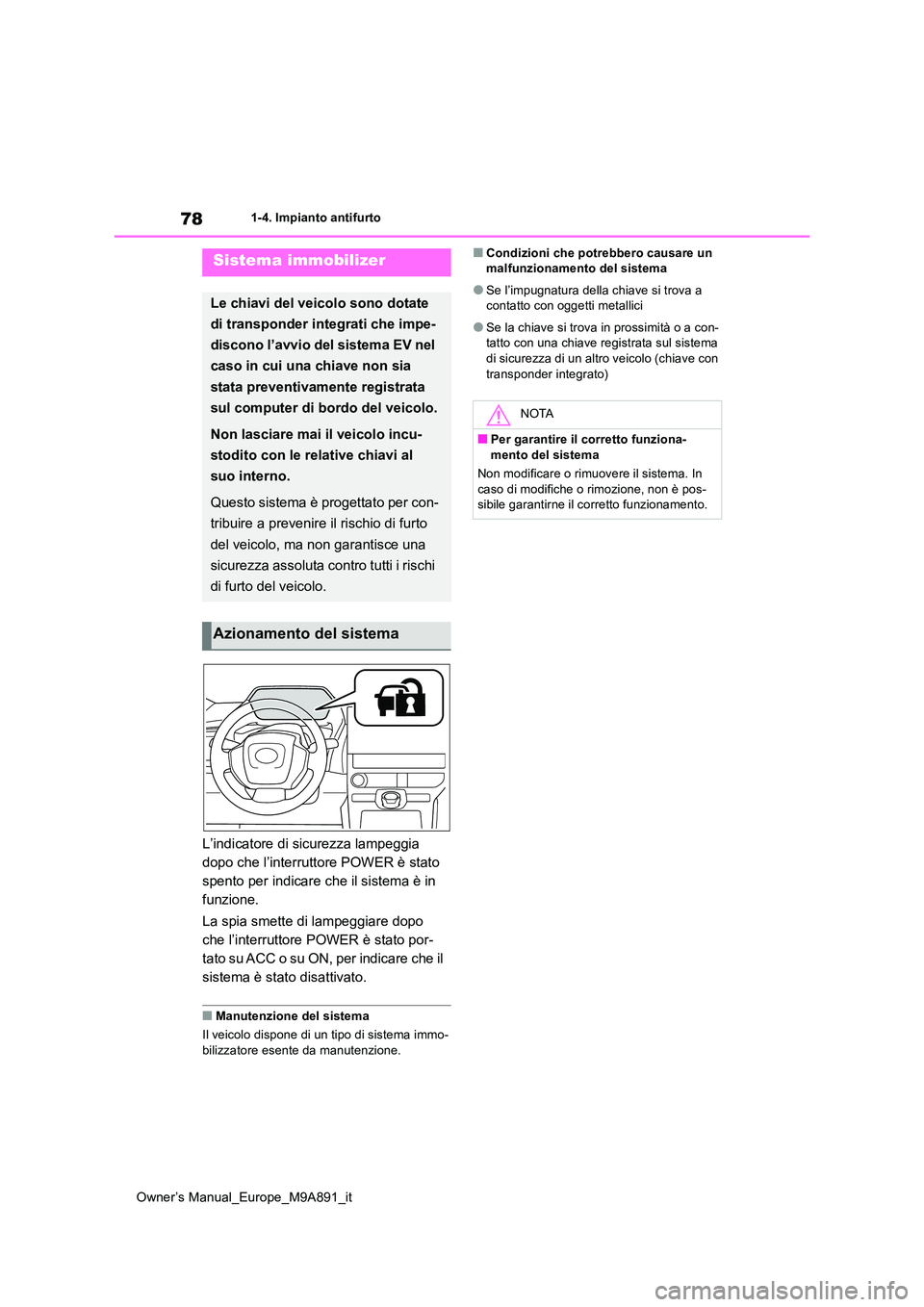 TOYOTA BZ4X 2023 Manuale duso (in Italian) 78
Owner’s Manual_Europe_M9A891_it
1-4. Impianto antifurto
1-4.Impianto antifurto
L’indicatore di sicurezza lampeggia
dopo che l’interruttore POWER è stato
spento per indicare che il sistema TOYOTA BZ4X 2023 Manuale duso (in Italian) 78
Owner’s Manual_Europe_M9A891_it
1-4. Impianto antifurto
1-4.Impianto antifurto
L’indicatore di sicurezza lampeggia
dopo che l’interruttore POWER è stato
spento per indicare che il sistema
