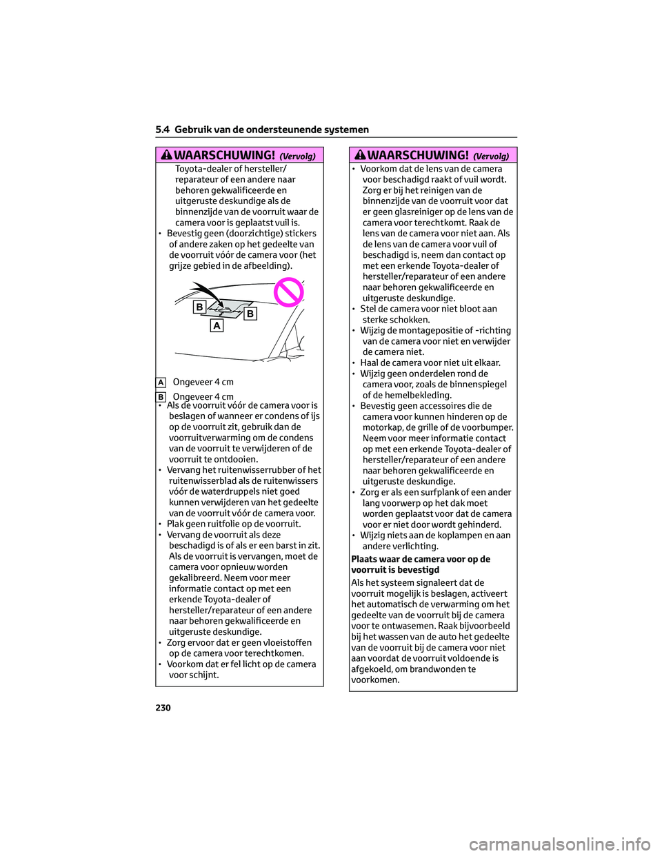 TOYOTA BZ4X 2023  Instructieboekje (in Dutch) WAARSCHUWING!(Vervolg)
Toyota-dealer of hersteller/
reparateur of een andere naar
behoren gekwalificeerde en
uitgeruste deskundige als de
binnenzijde van de voorruit waar de
camera voor is geplaatst v