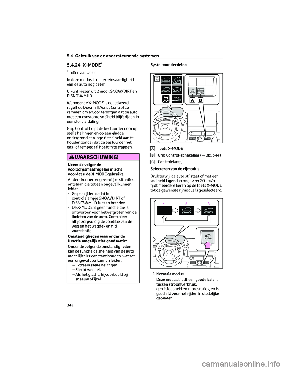 TOYOTA BZ4X 2023 Instructieboekje (in Dutch) 5.4.24 X-MODE*
*Indien aanwezig
In deze modus is de terreinvaardigheid
van de auto nog beter.
U kunt kiezen uit 2 modi: SNOW/DIRT en
D.SNOW/MUD.
Wanneer de X-MODE is geactiveerd,
regelt de Downhill As TOYOTA BZ4X 2023 Instructieboekje (in Dutch) 5.4.24 X-MODE*
*Indien aanwezig
In deze modus is de terreinvaardigheid
van de auto nog beter.
U kunt kiezen uit 2 modi: SNOW/DIRT en
D.SNOW/MUD.
Wanneer de X-MODE is geactiveerd,
regelt de Downhill As