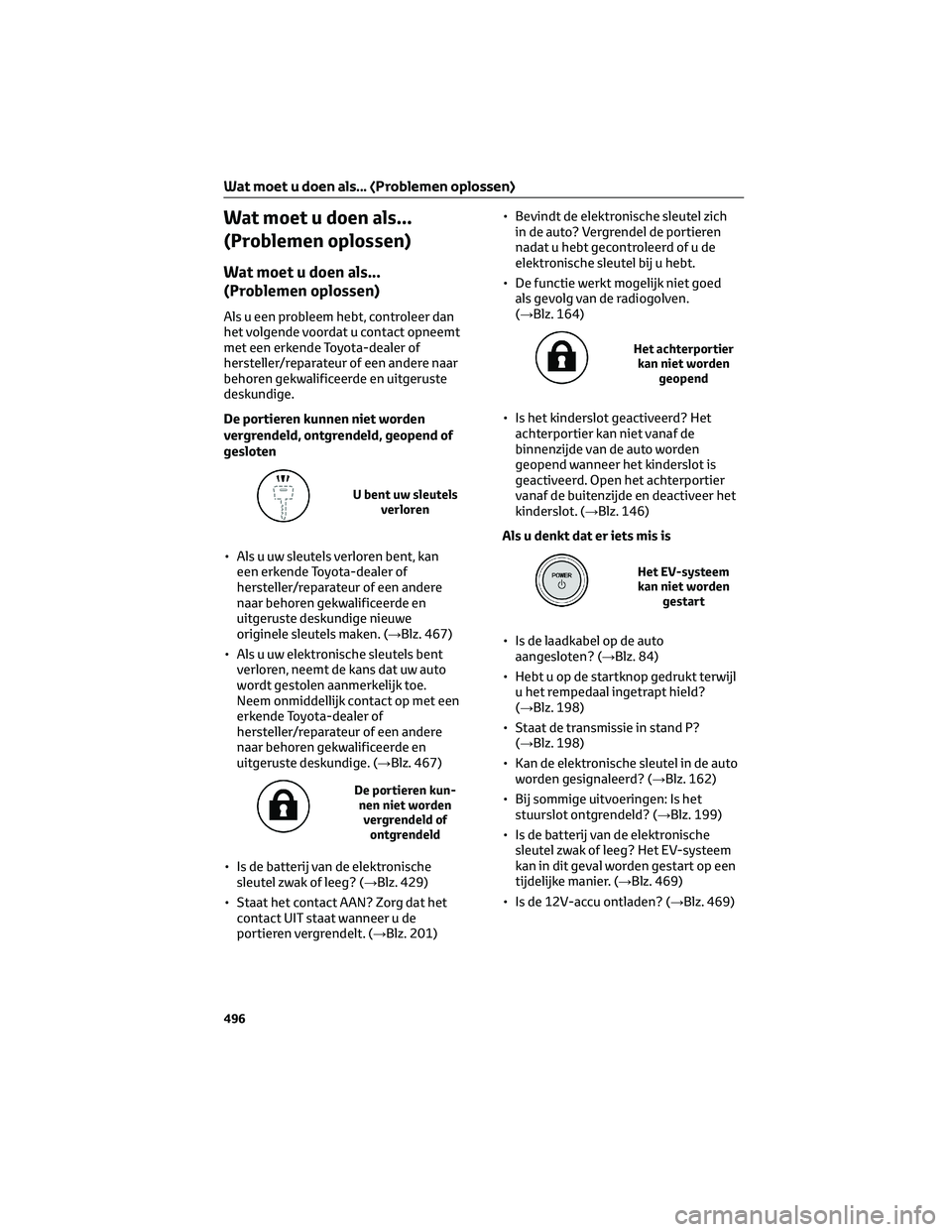 TOYOTA BZ4X 2023  Instructieboekje (in Dutch) Wat moet u doen als...
(Problemen oplossen)
Wat moet u doen als...
(Problemen oplossen)
Als u een probleem hebt, controleer dan
het volgende voordat u contact opneemt
met een erkende Toyota-dealer of
