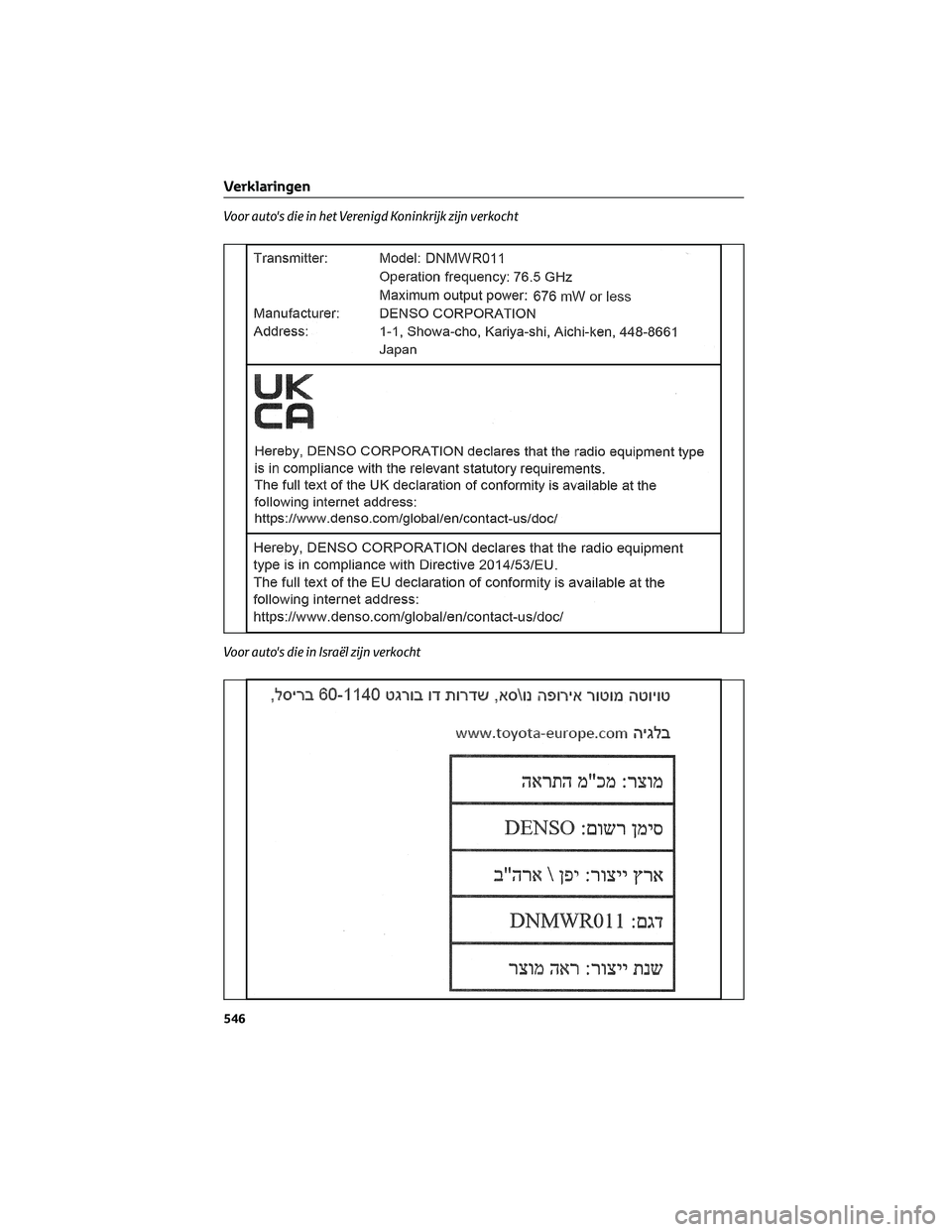 TOYOTA BZ4X 2023  Instructieboekje (in Dutch) Voor auto's die in het Verenigd Koninkrijk zijn verkocht
Voor auto's die in Israël zijn verkocht
Verklaringen
546 