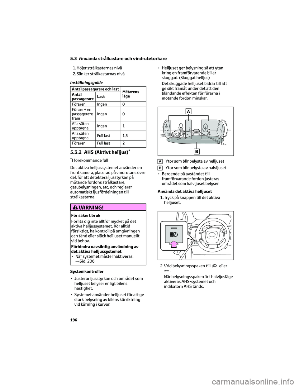 TOYOTA BZ4X 2023 Bruksanvisningar (in Swedish) 1. Höjer strålkastarnas nivå
2. Sänker strålkastarnas nivå
Inställningsguide
Antal passagerare och last
Mätarens
läge Antal
passagerareLast
Föraren Ingen 0
Förare + en
passagerare
framIngen TOYOTA BZ4X 2023 Bruksanvisningar (in Swedish) 1. Höjer strålkastarnas nivå
2. Sänker strålkastarnas nivå
Inställningsguide
Antal passagerare och last
Mätarens
läge Antal
passagerareLast
Föraren Ingen 0
Förare + en
passagerare
framIngen