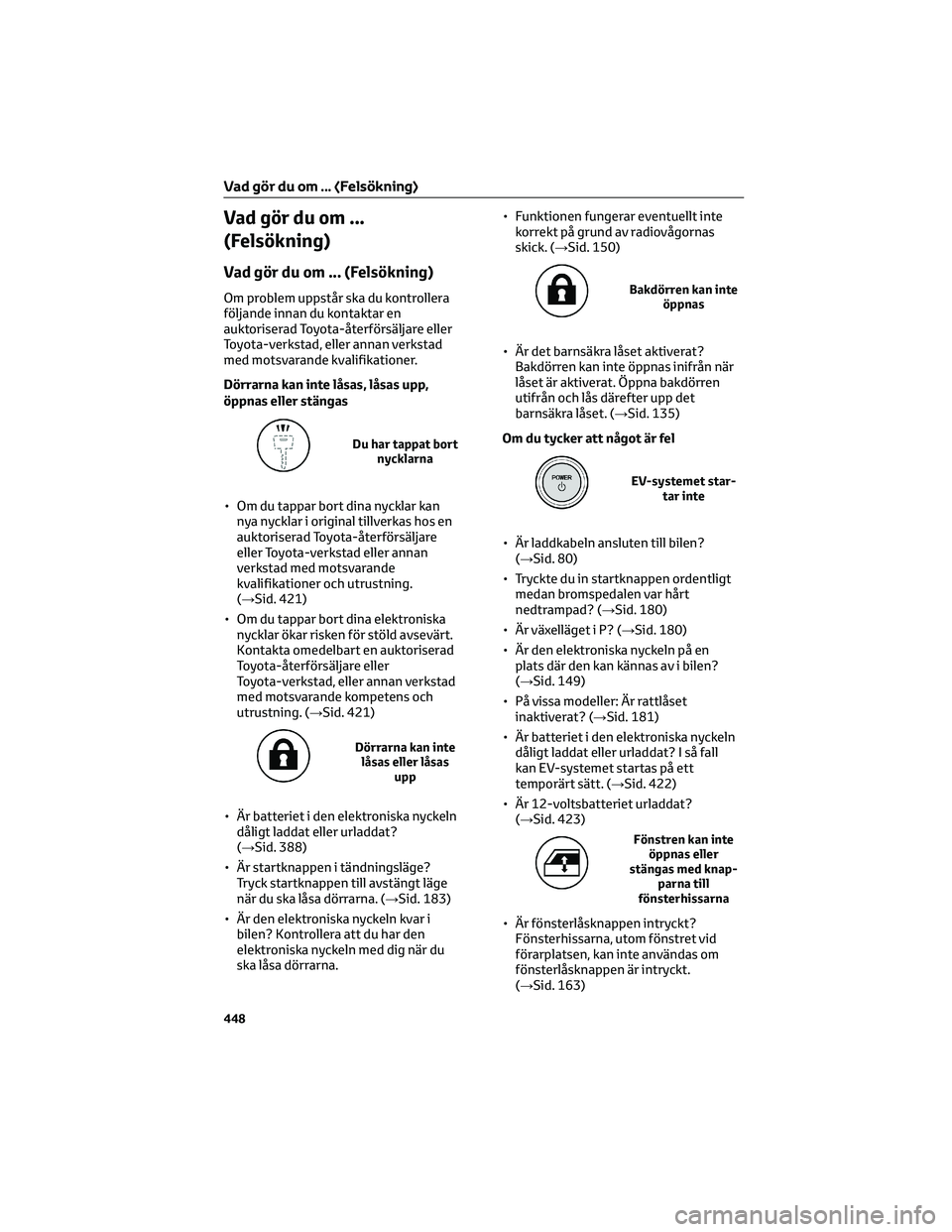 TOYOTA BZ4X 2023  Bruksanvisningar (in Swedish) Vad gör du om ...
(Felsökning)
Vad gör du om ... (Felsökning)
Om problem uppstår ska du kontrollera
följande innan du kontaktar en
auktoriserad Toyota-återförsäljare eller
Toyota-verkstad, el