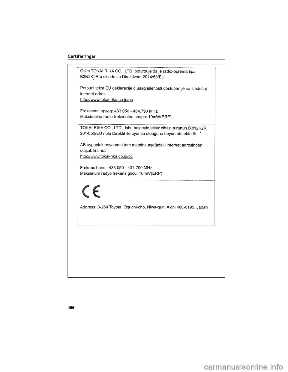 TOYOTA BZ4X 2023  Bruksanvisningar (in Swedish) Certifieringar
466 