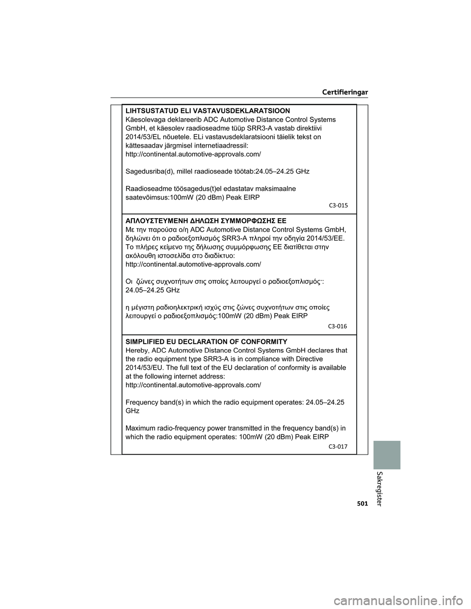 TOYOTA BZ4X 2023  Bruksanvisningar (in Swedish) Certifieringar
501
Sakregister 